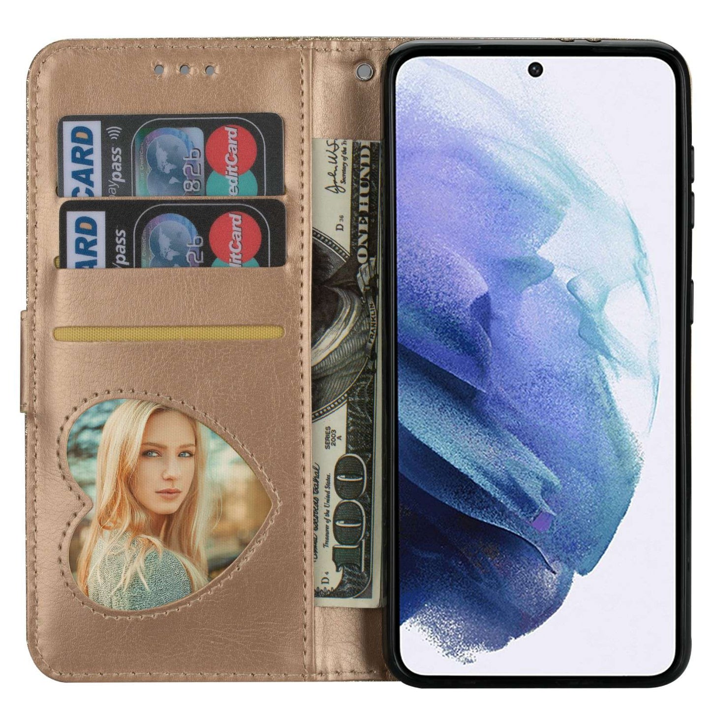 For Samsung Galaxy S24+ Case Zipper Pocket Glittery Leather Phone Cover - Gold