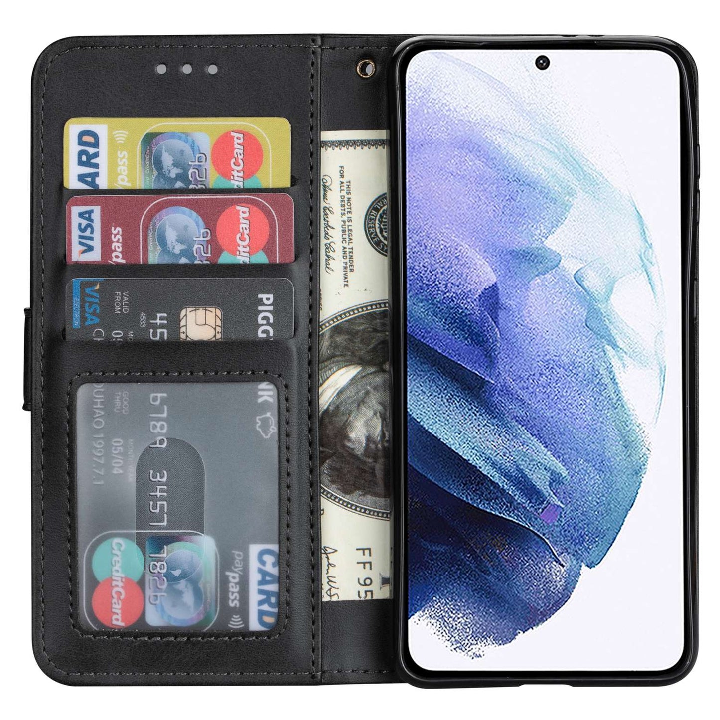 For Samsung Galaxy S24 Ultra Case Zipper Pocket Calf Texture Leather Phone Cover - Black