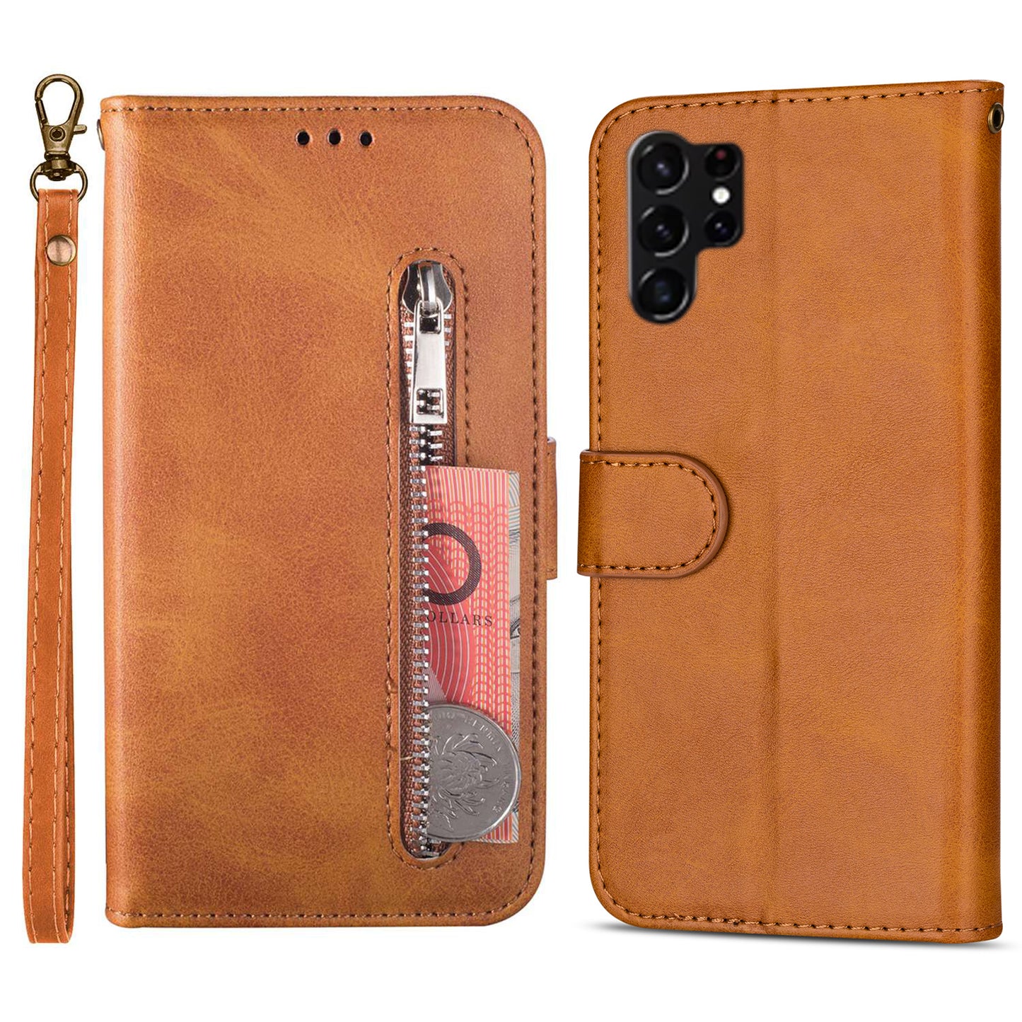 For Samsung Galaxy S24 Ultra Case Zipper Pocket Calf Texture Leather Phone Cover - Brown
