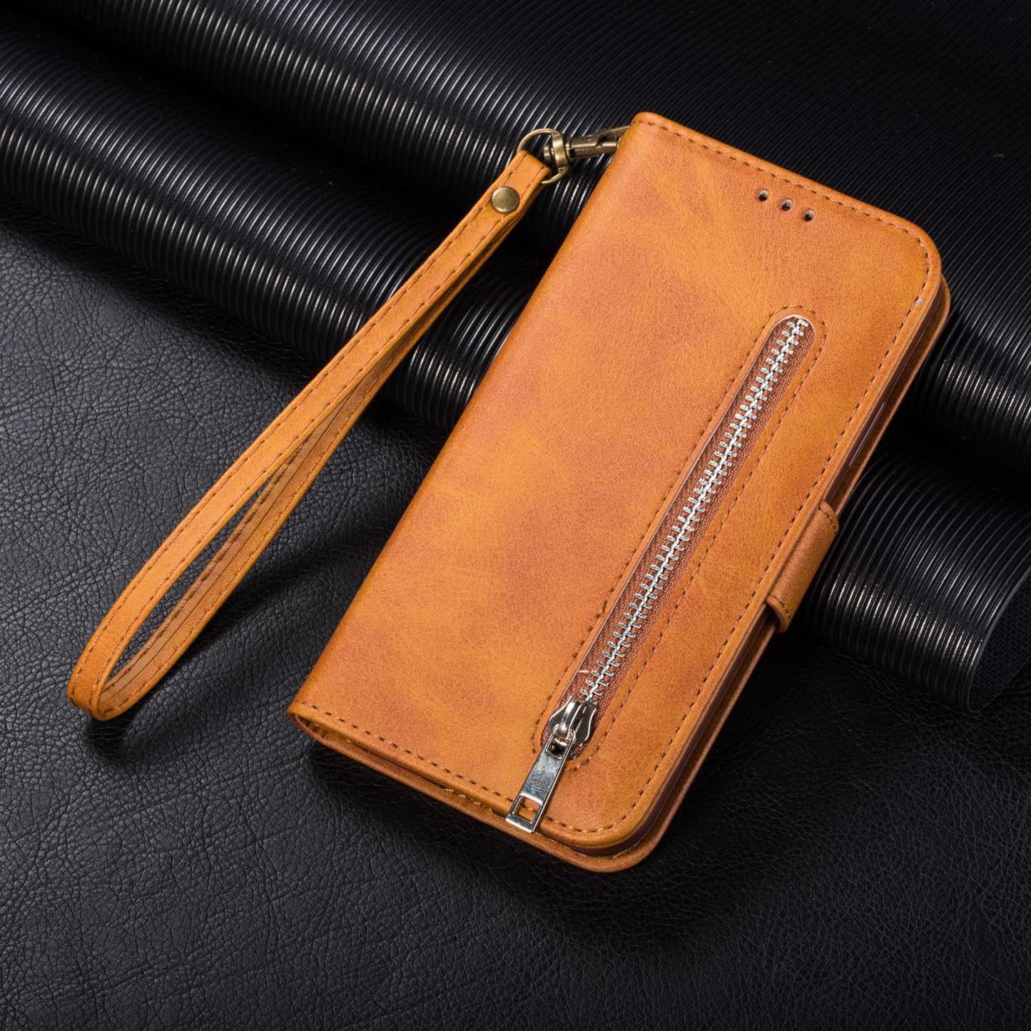 For Samsung Galaxy S24 Ultra Case Zipper Pocket Calf Texture Leather Phone Cover - Brown