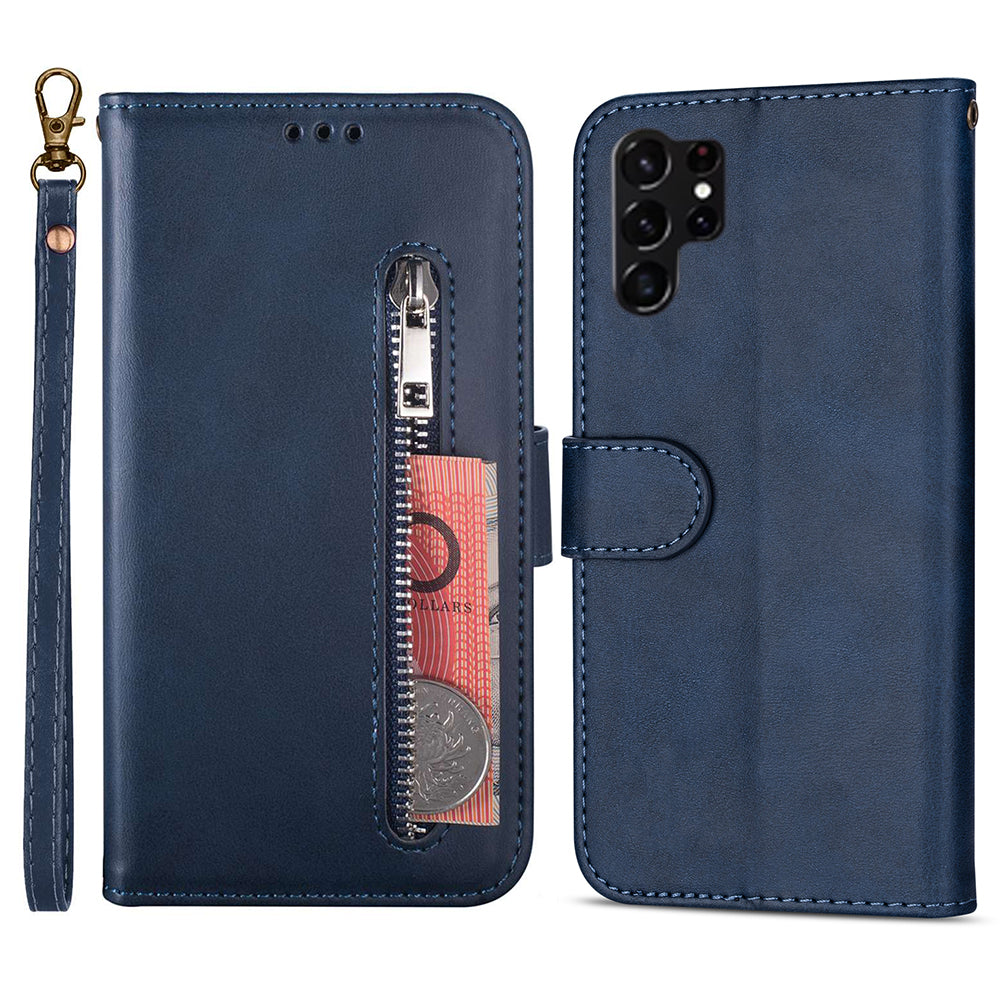 For Samsung Galaxy S24 Ultra Case Zipper Pocket Calf Texture Leather Phone Cover - Blue