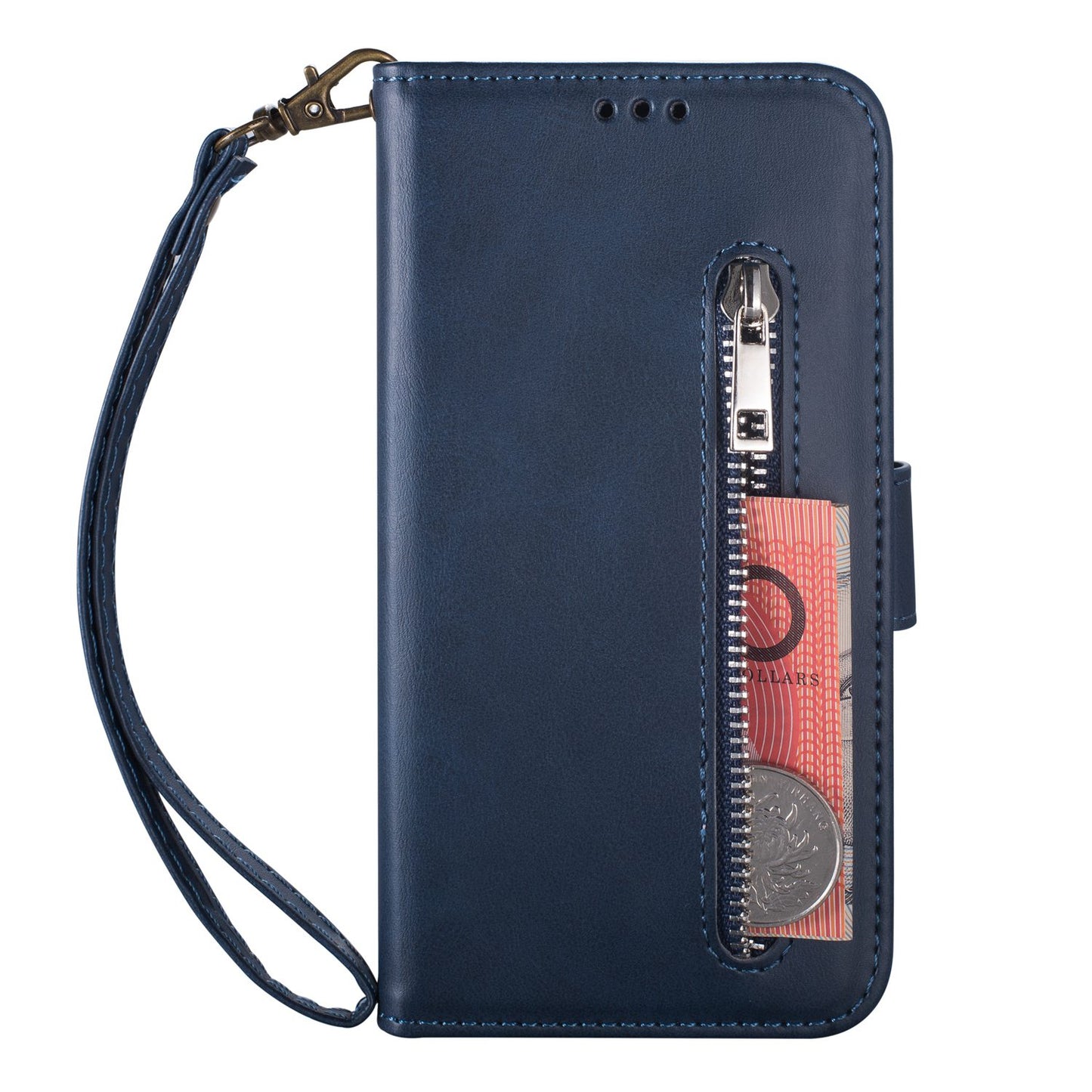 For Samsung Galaxy S24 Ultra Case Zipper Pocket Calf Texture Leather Phone Cover - Blue