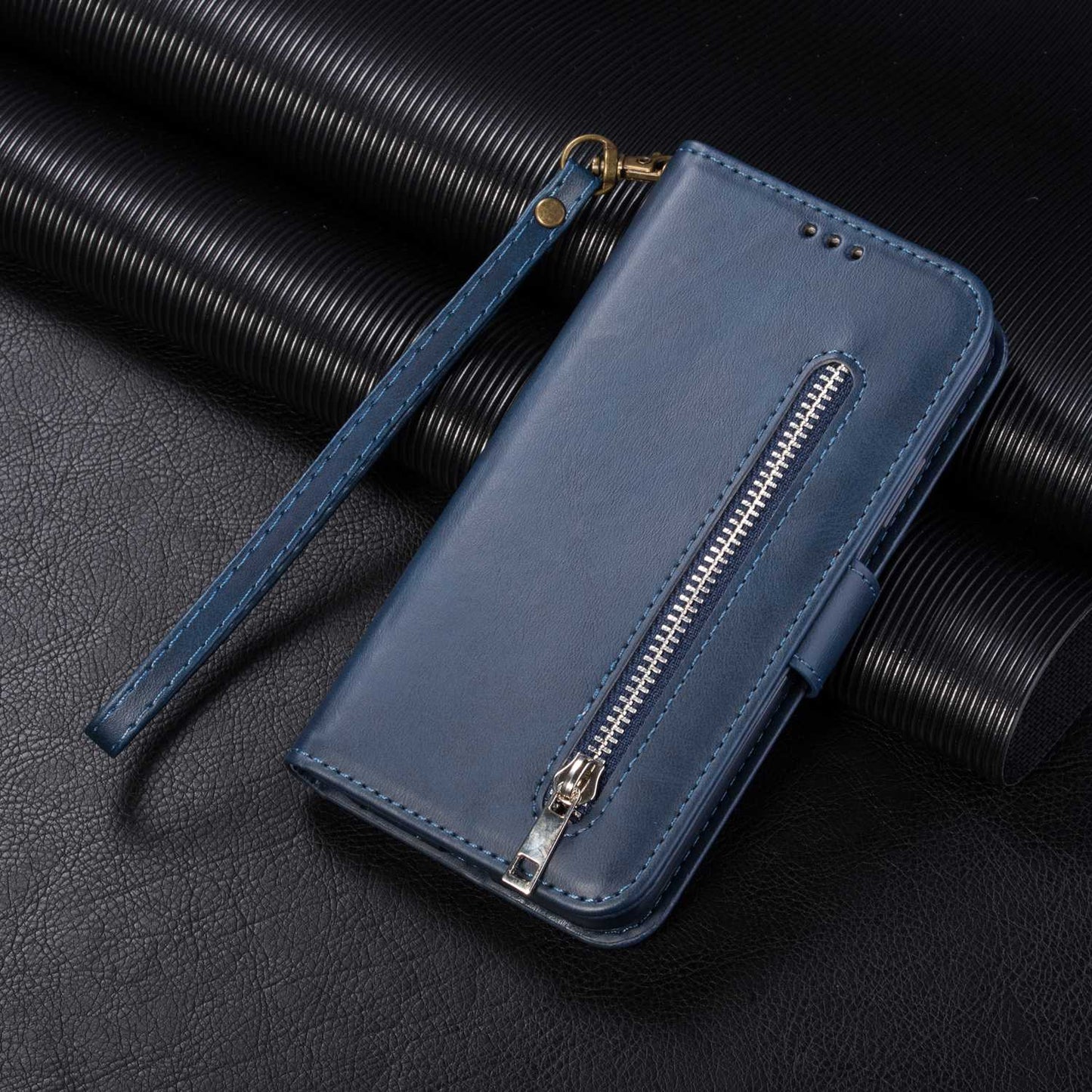 For Samsung Galaxy S24 Ultra Case Zipper Pocket Calf Texture Leather Phone Cover - Blue