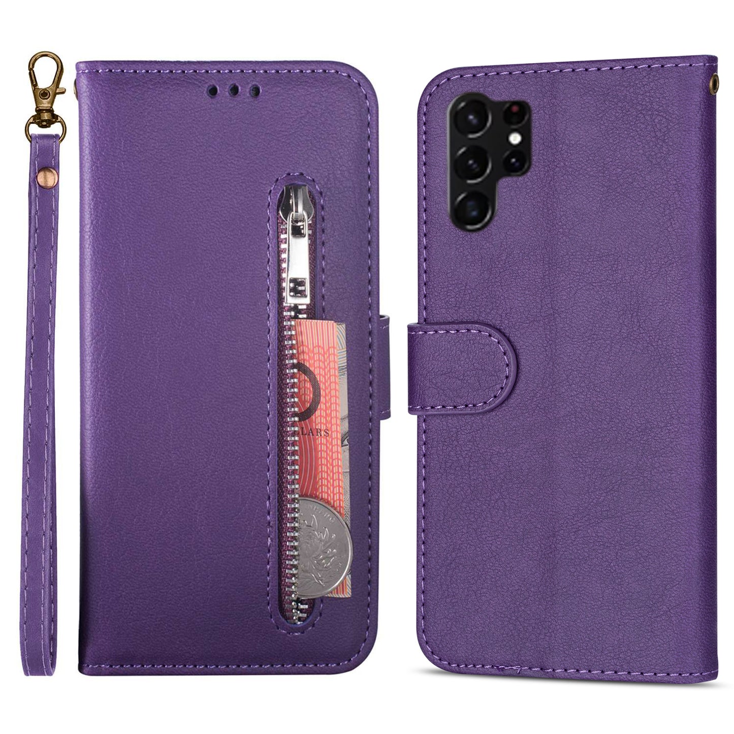 For Samsung Galaxy S24 Ultra Case Zipper Pocket Calf Texture Leather Phone Cover - Purple