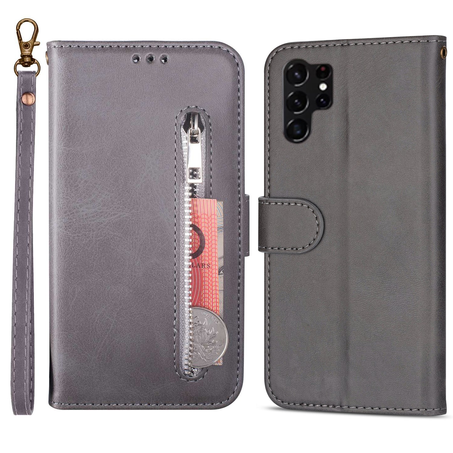 For Samsung Galaxy S24 Ultra Case Zipper Pocket Calf Texture Leather Phone Cover - Grey