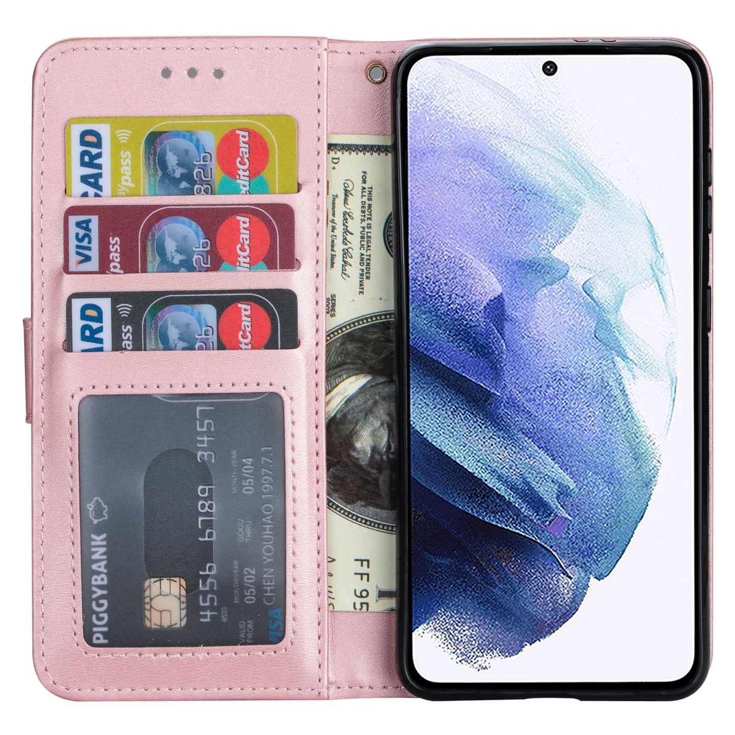 For Samsung Galaxy S24 Ultra Case Zipper Pocket Calf Texture Leather Phone Cover - Rose Gold