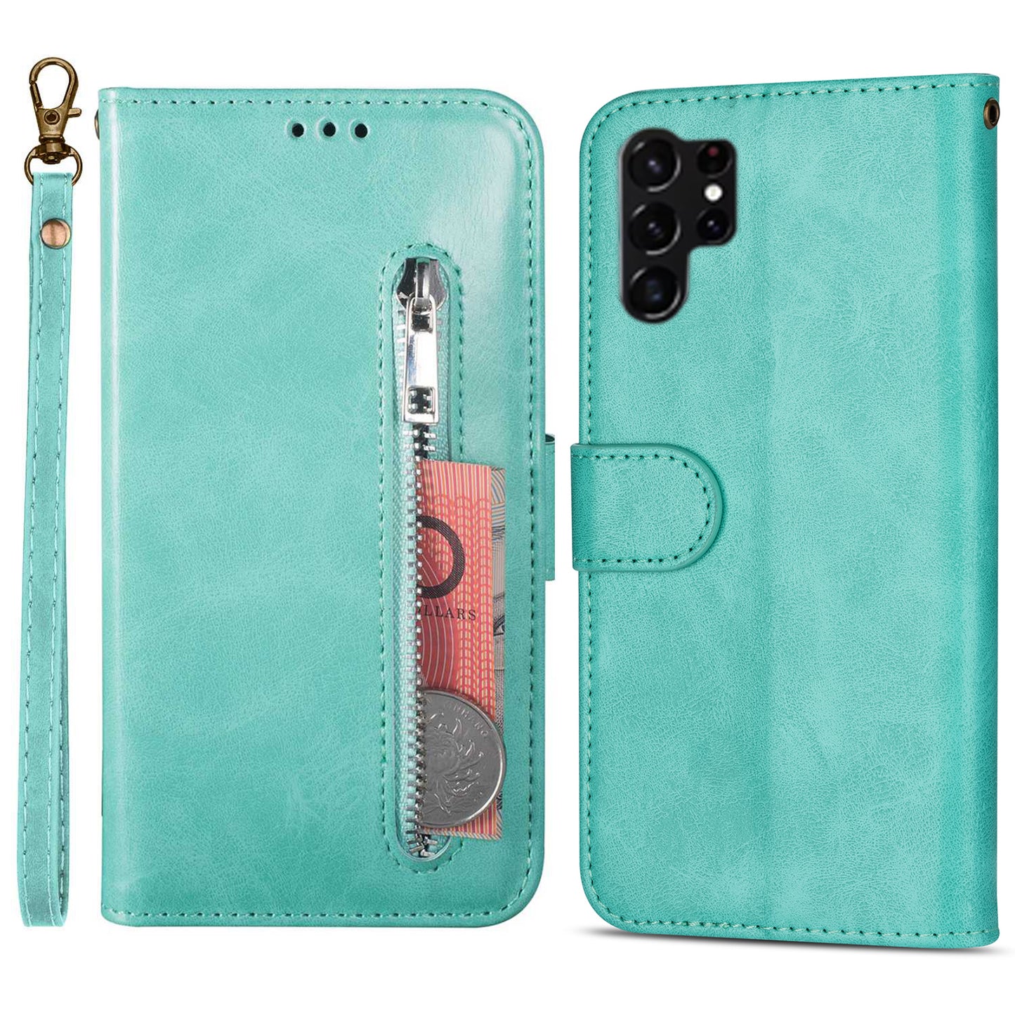 For Samsung Galaxy S24 Ultra Case Zipper Pocket Calf Texture Leather Phone Cover - Green