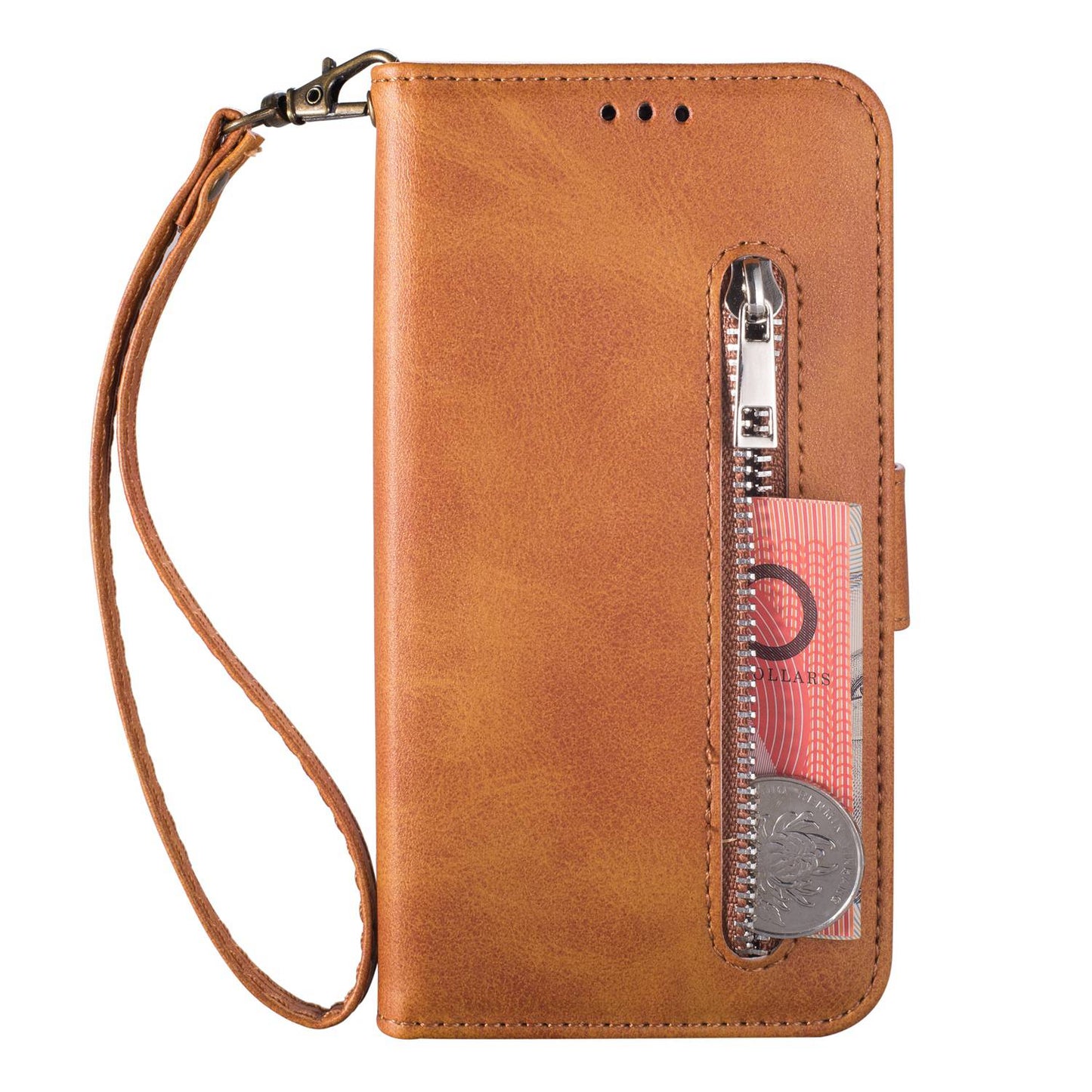 For Samsung Galaxy S24 Case Calf Texture PU Leather Zipper Pocket Cover - Brown