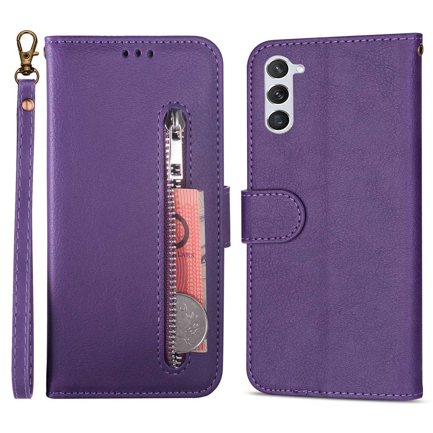 For Samsung Galaxy S24 Case Calf Texture PU Leather Zipper Pocket Cover - Purple
