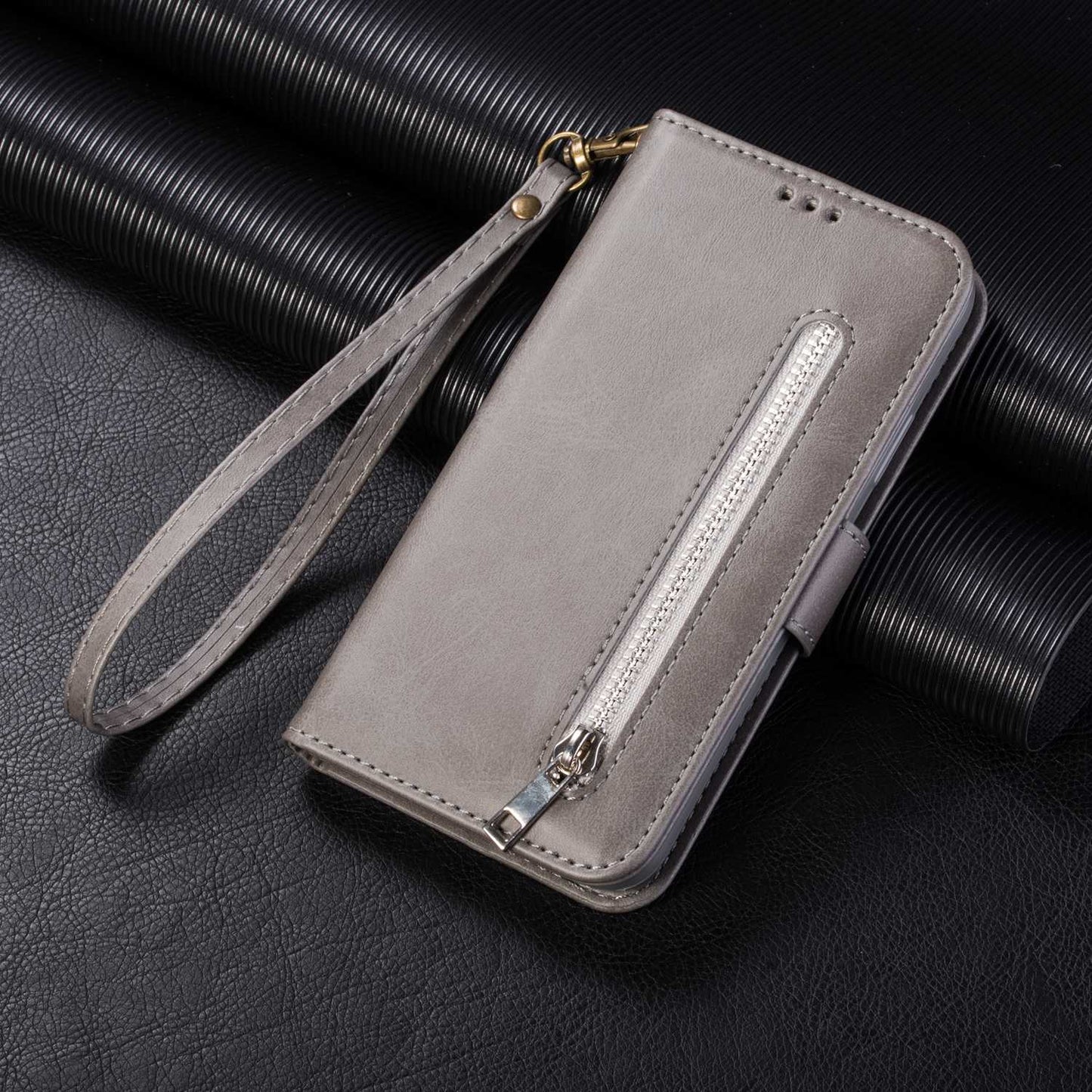 For Samsung Galaxy S24 Case Calf Texture PU Leather Zipper Pocket Cover - Grey