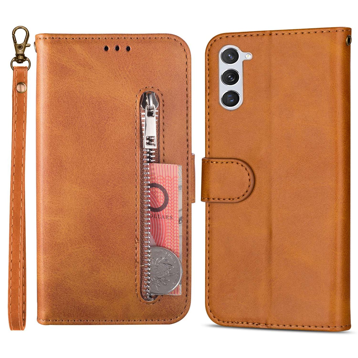 For Samsung Galaxy S24+ Case Zipper Pocket Leather Cover with Wallet Stand - Brown