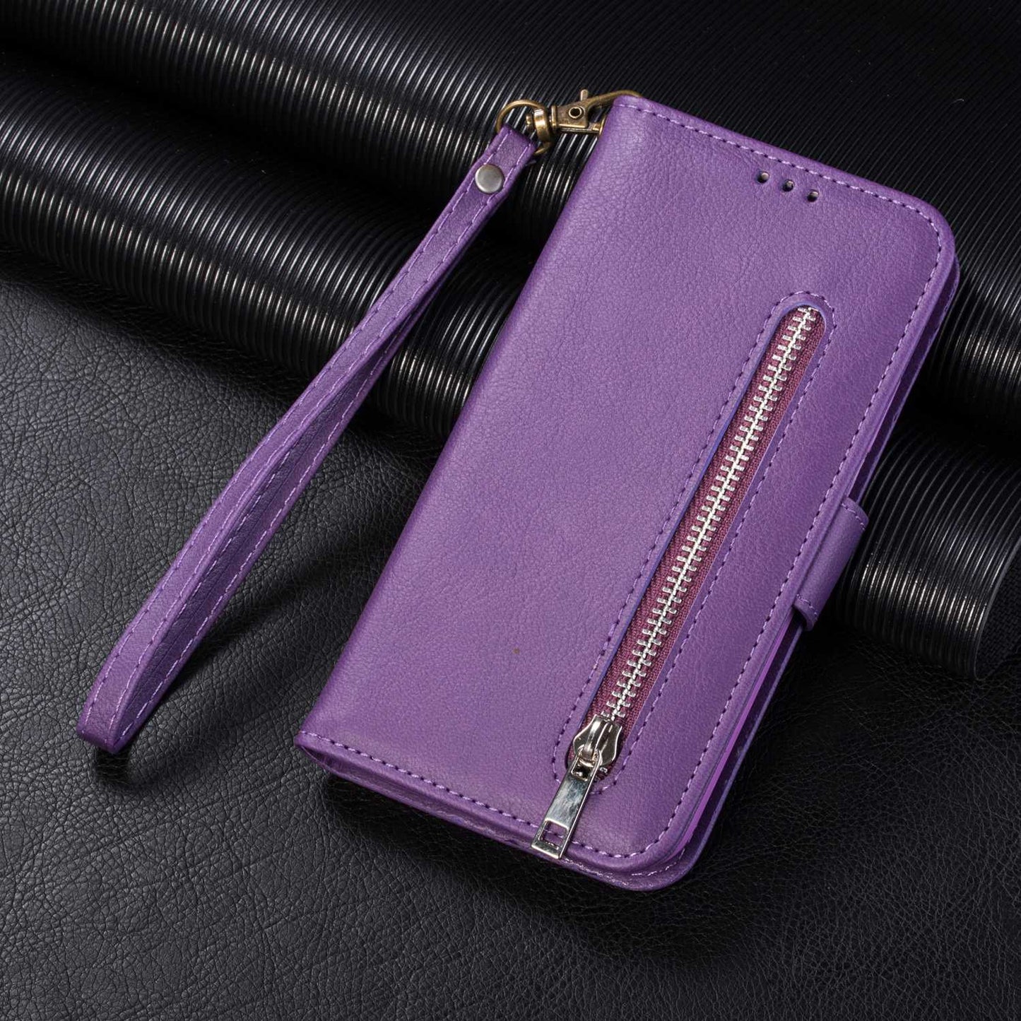 For Samsung Galaxy S24+ Case Zipper Pocket Leather Cover with Wallet Stand - Purple
