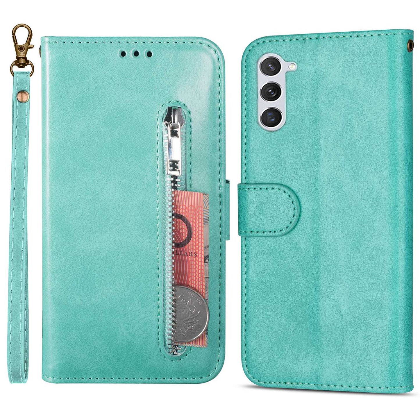 For Samsung Galaxy S24+ Case Zipper Pocket Leather Cover with Wallet Stand - Green