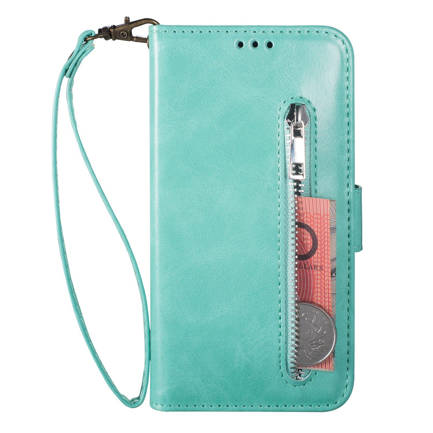 For Samsung Galaxy S24+ Case Zipper Pocket Leather Cover with Wallet Stand - Green