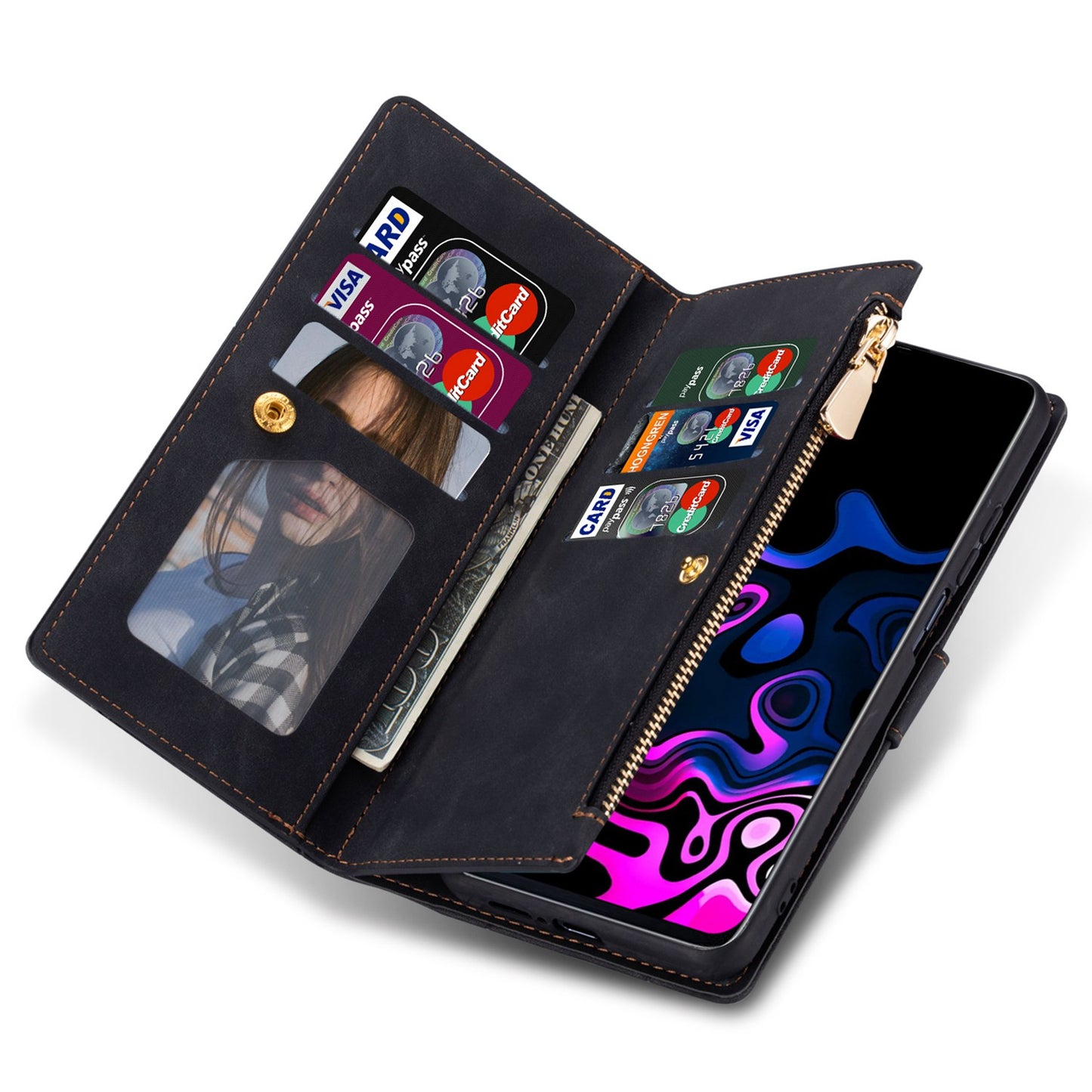 For Samsung Galaxy S24 Leather Case Multiple Card Slots Phone Stand Cover - Black