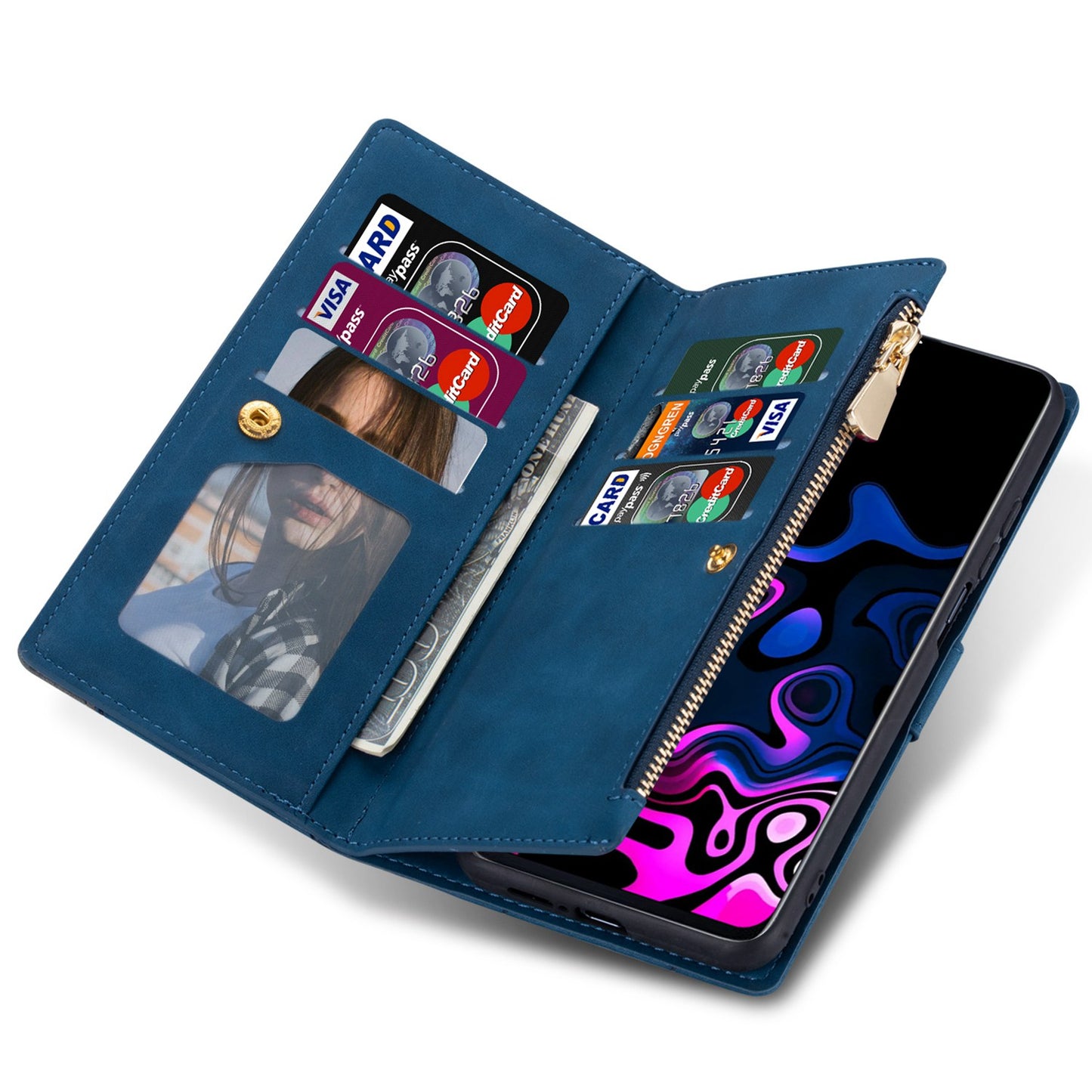 For Samsung Galaxy S24 Leather Case Multiple Card Slots Phone Stand Cover - Blue