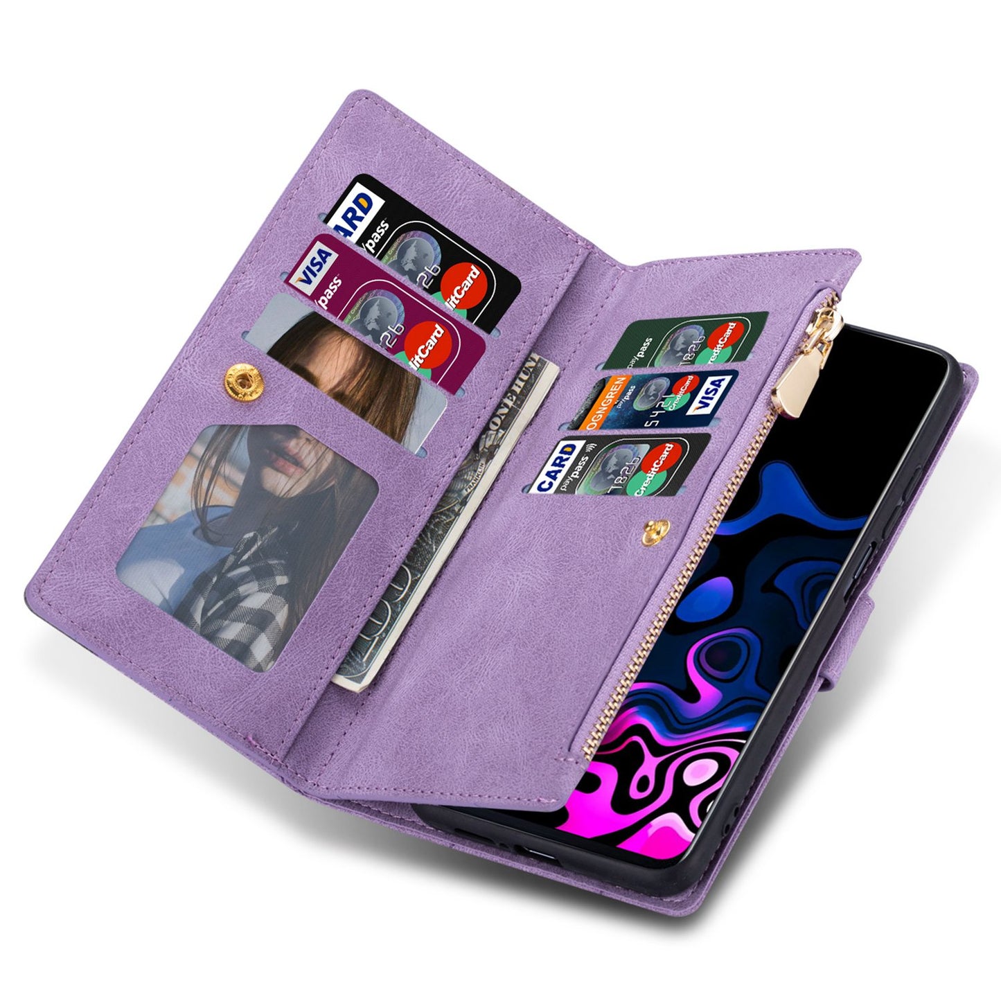 For Samsung Galaxy S24 Leather Case Multiple Card Slots Phone Stand Cover - Purple
