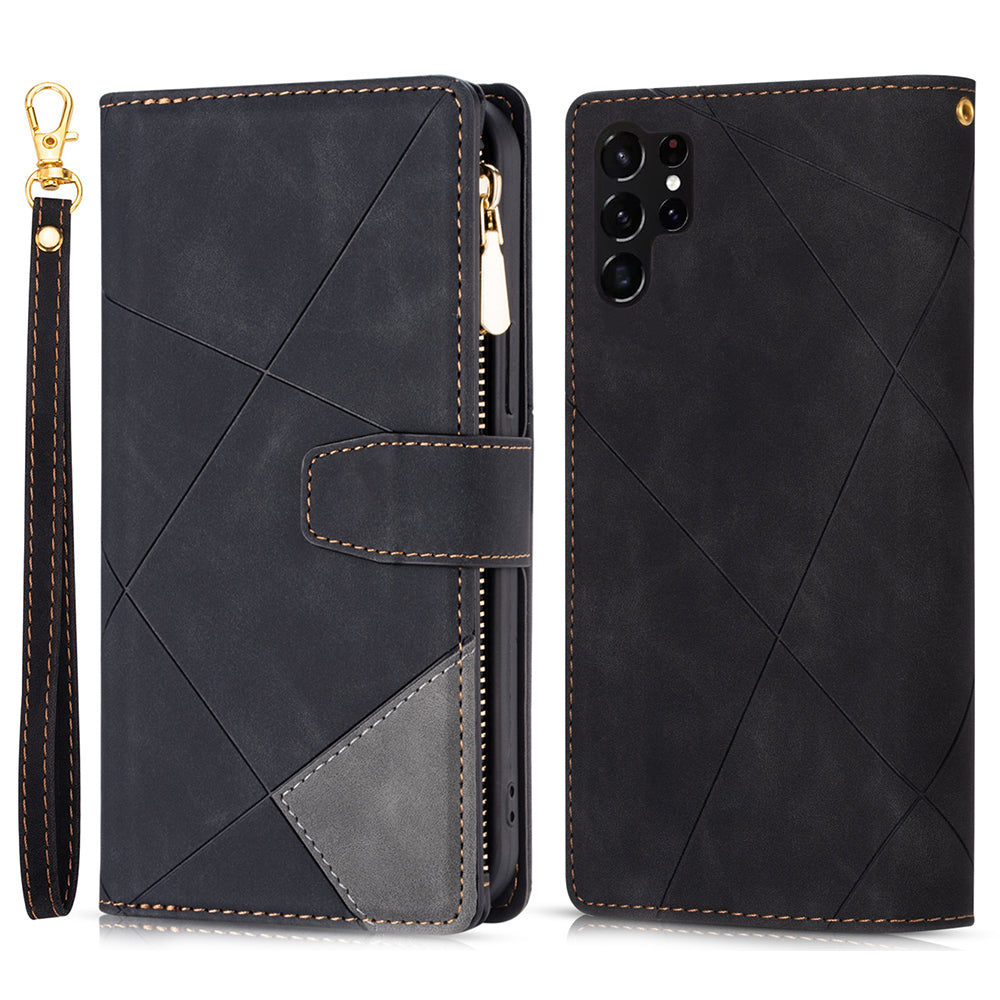 For Samsung Galaxy S24 Ultra Case PU Leather Zipper Pocket Lines Imprinted Cover - Black