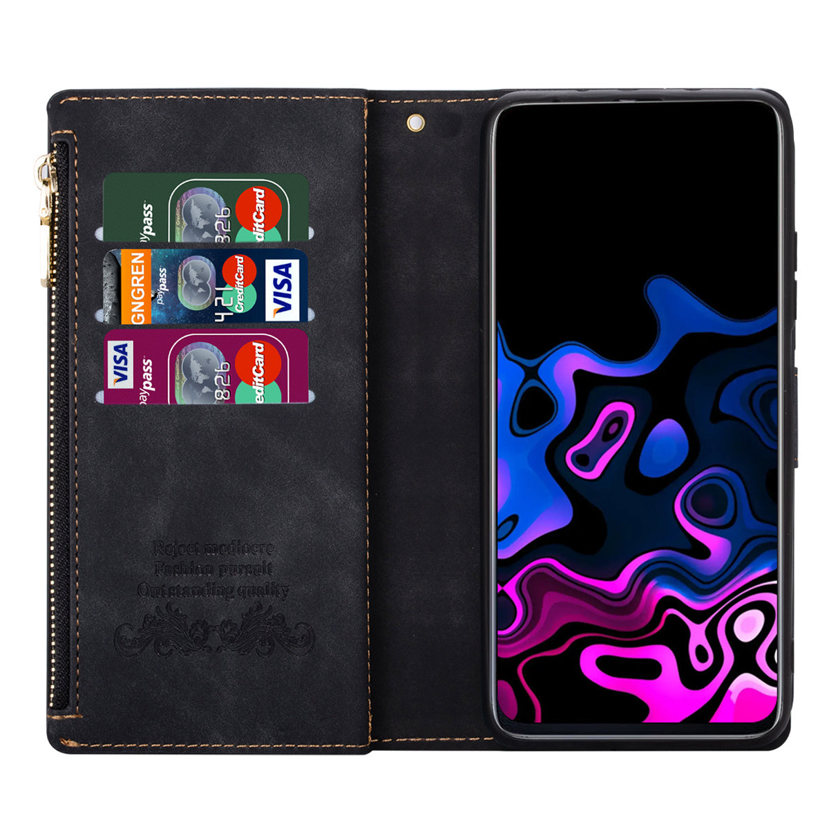 For Samsung Galaxy S24 Ultra Case PU Leather Zipper Pocket Lines Imprinted Cover - Black