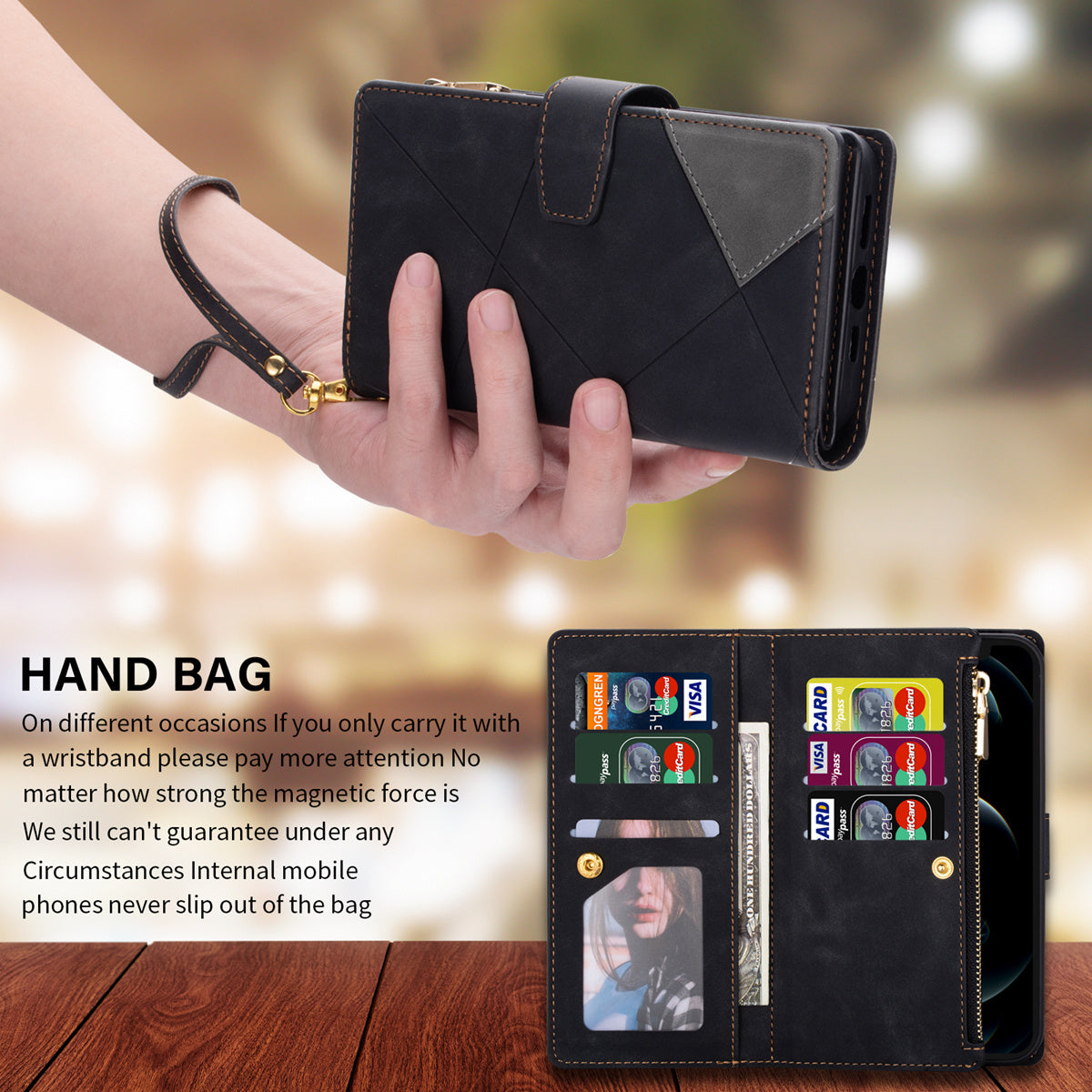 For Samsung Galaxy S24 Ultra Case PU Leather Zipper Pocket Lines Imprinted Cover - Black
