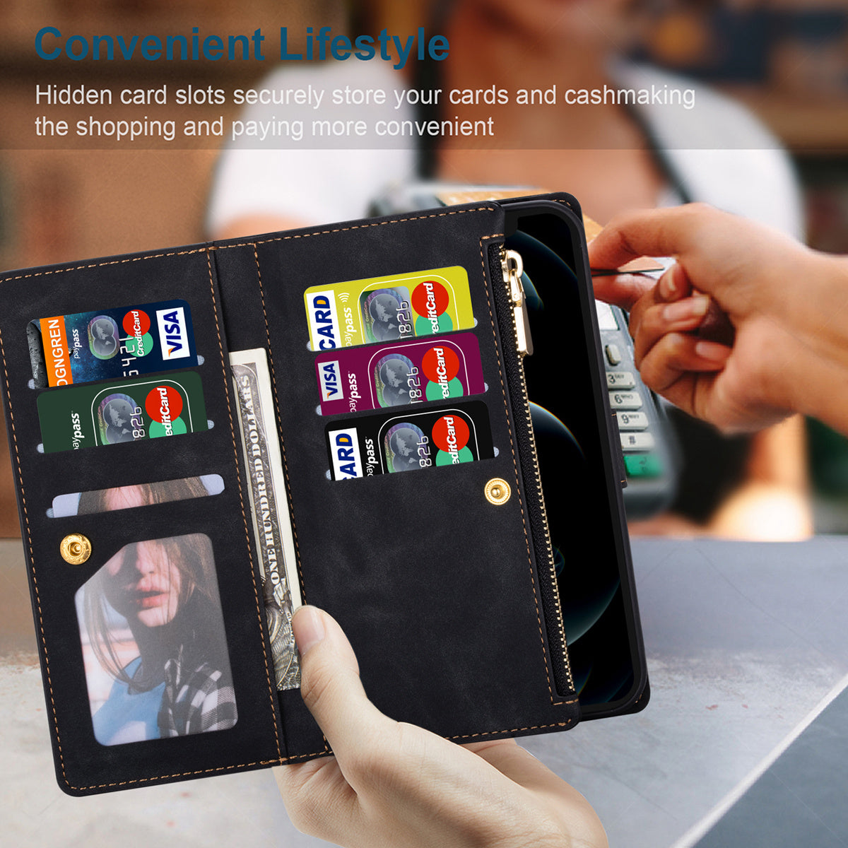 For Samsung Galaxy S24 Ultra Case PU Leather Zipper Pocket Lines Imprinted Cover - Black