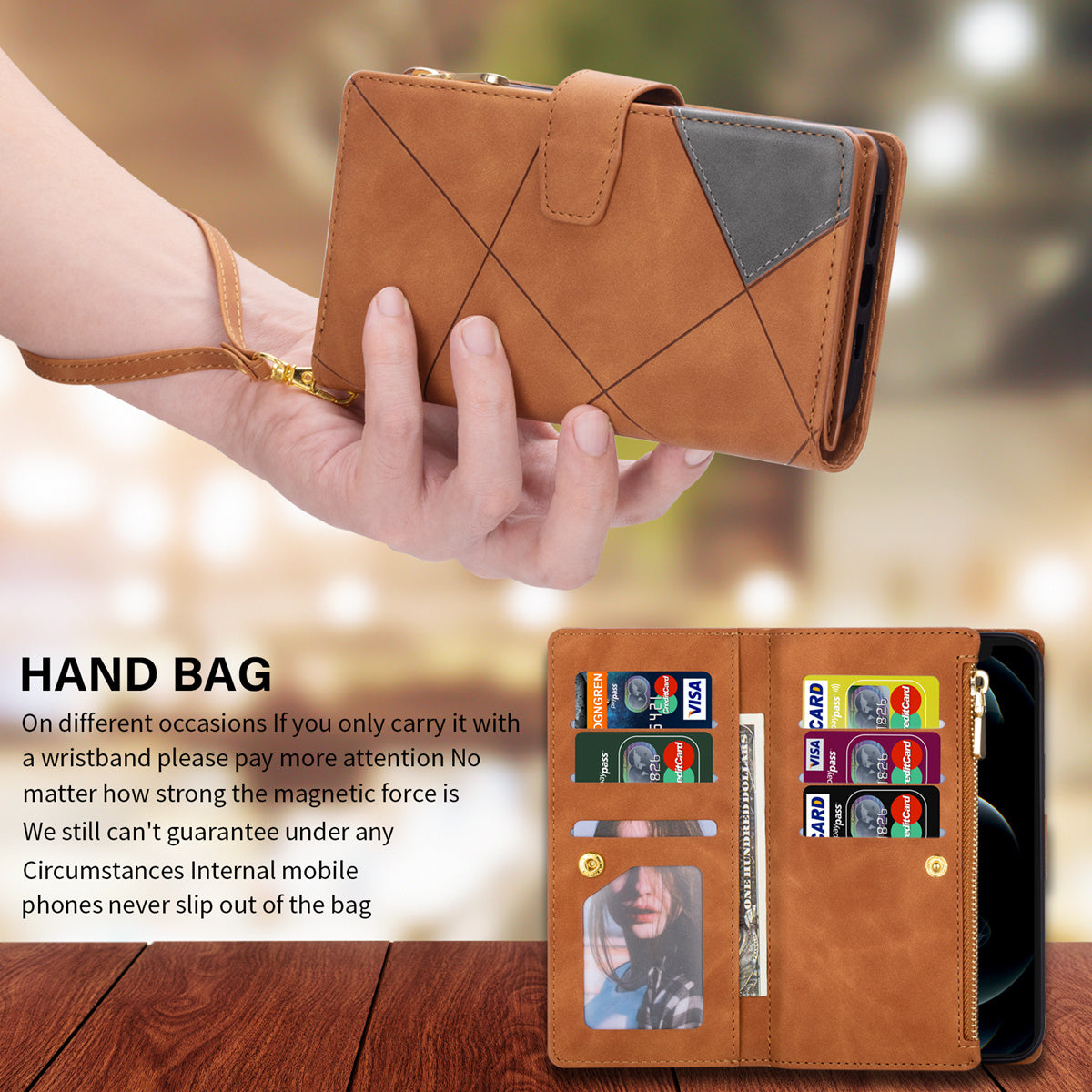 For Samsung Galaxy S24 Ultra Case PU Leather Zipper Pocket Lines Imprinted Cover - Brown