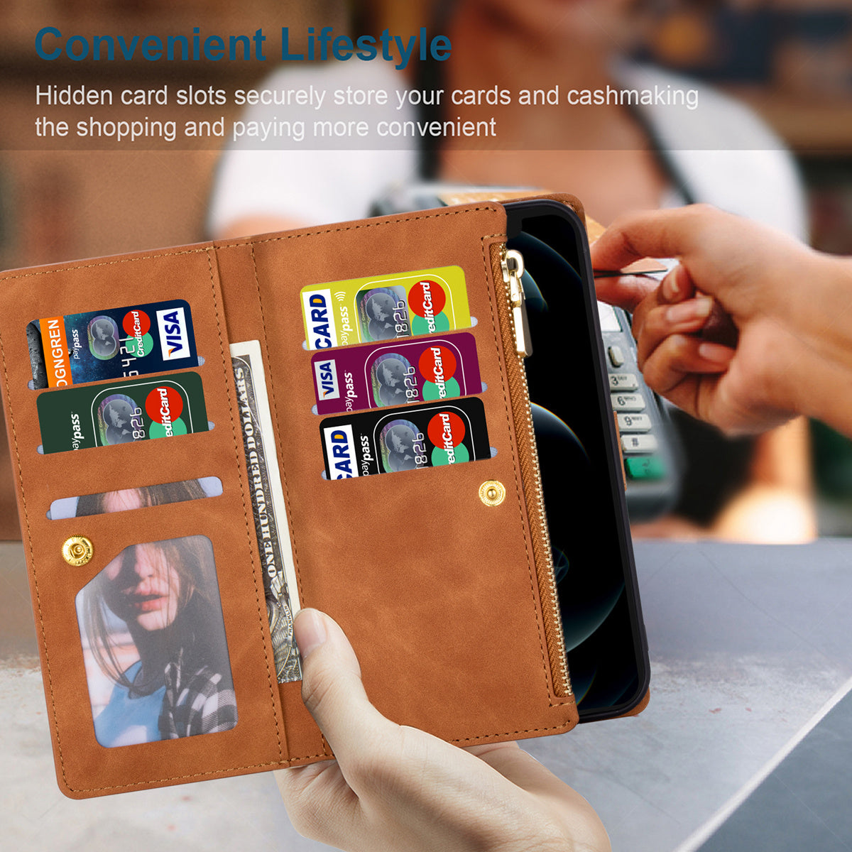 For Samsung Galaxy S24 Ultra Case PU Leather Zipper Pocket Lines Imprinted Cover - Brown