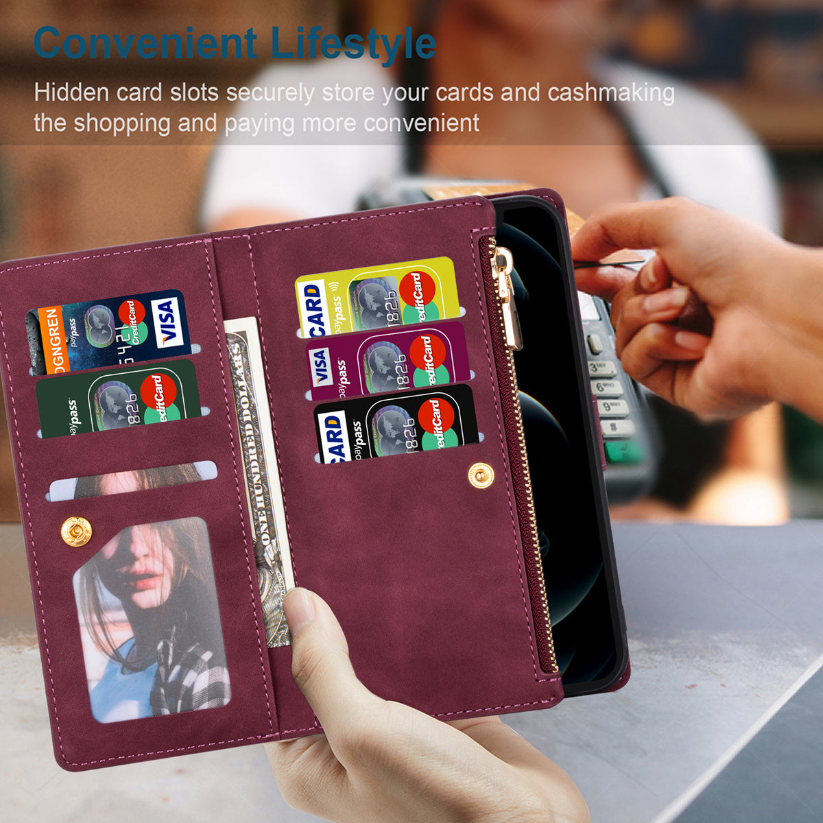 For Samsung Galaxy S24 Ultra Case PU Leather Zipper Pocket Lines Imprinted Cover - Red