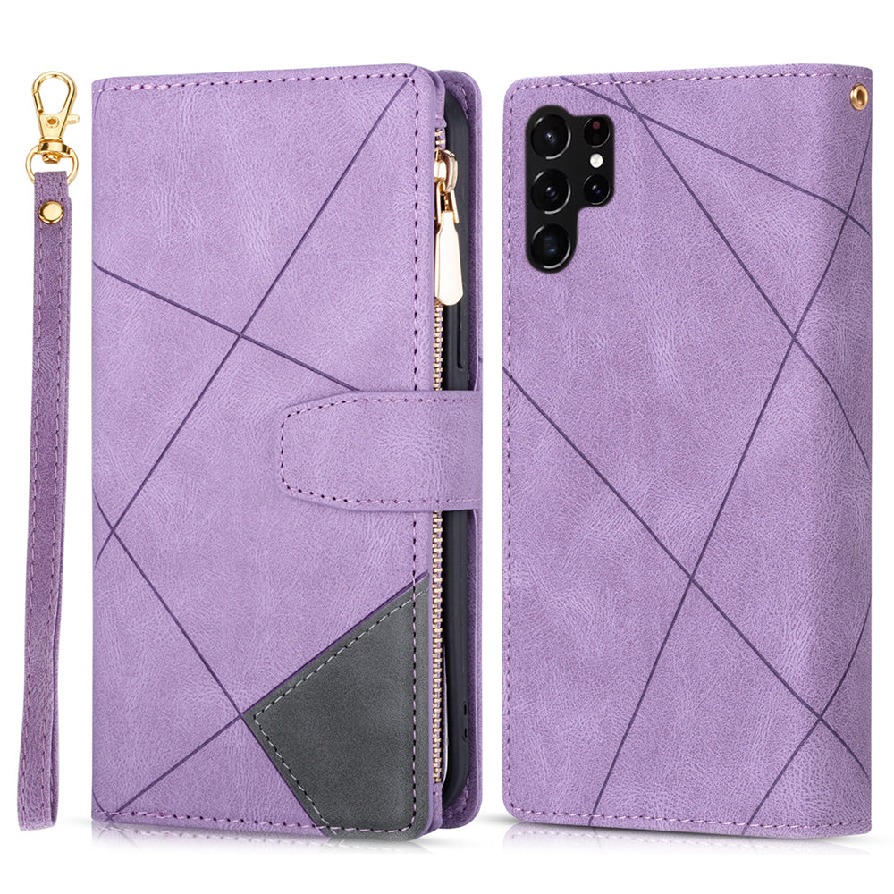 For Samsung Galaxy S24 Ultra Case PU Leather Zipper Pocket Lines Imprinted Cover - Purple