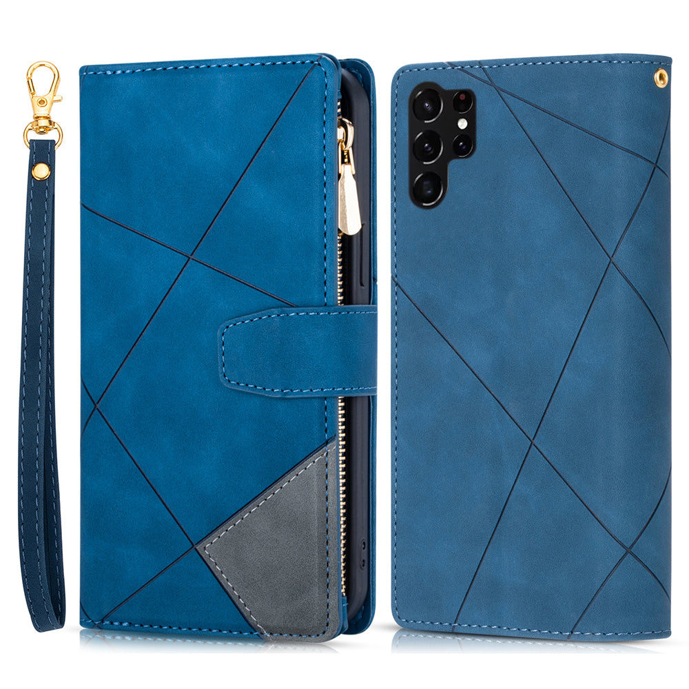 For Samsung Galaxy S24 Ultra Case PU Leather Zipper Pocket Lines Imprinted Cover - Blue