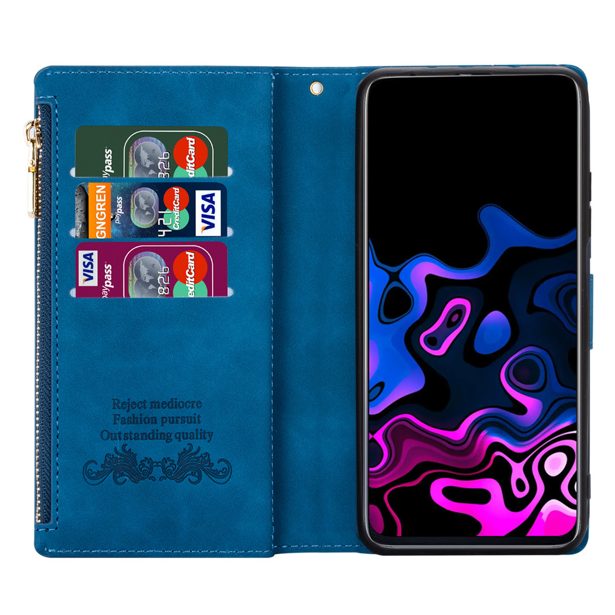 For Samsung Galaxy S24 Ultra Case PU Leather Zipper Pocket Lines Imprinted Cover - Blue