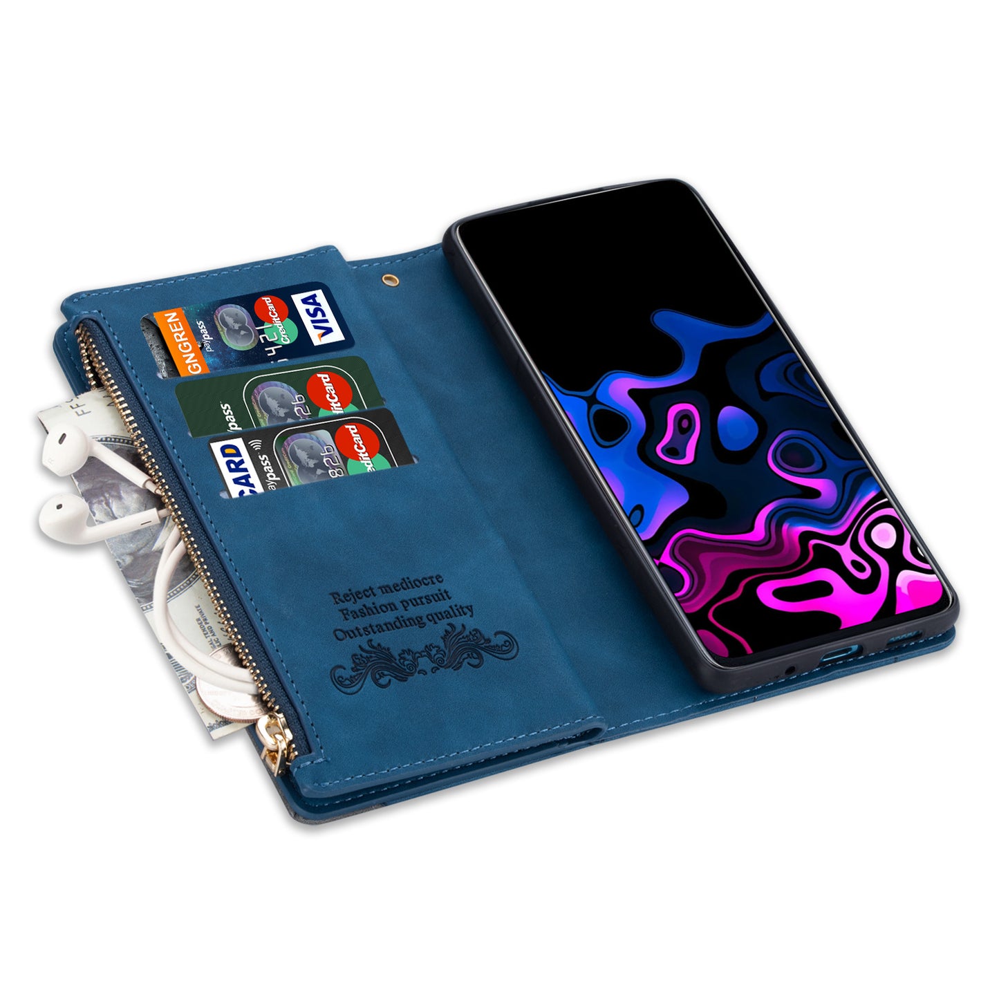 For Samsung Galaxy S24 Ultra Case PU Leather Zipper Pocket Lines Imprinted Cover - Blue