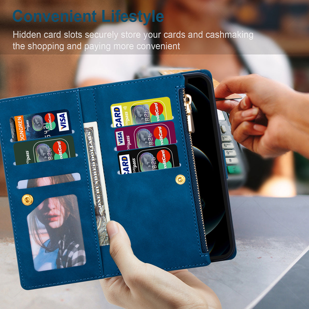 For Samsung Galaxy S24 Ultra Case PU Leather Zipper Pocket Lines Imprinted Cover - Blue