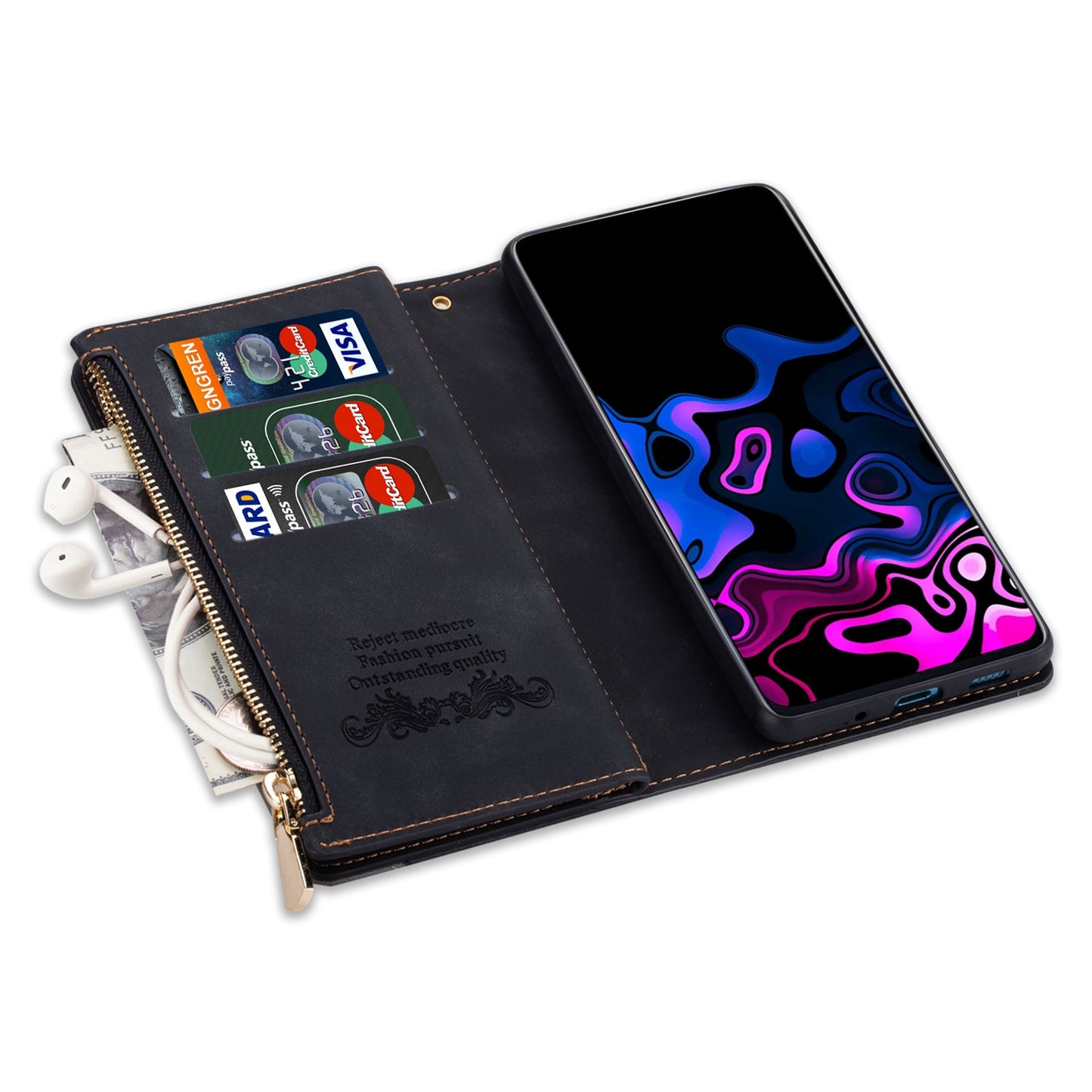 For Samsung Galaxy S24+ Case Zipper Pocket Color Splicing Wallet Phone Cover - Black