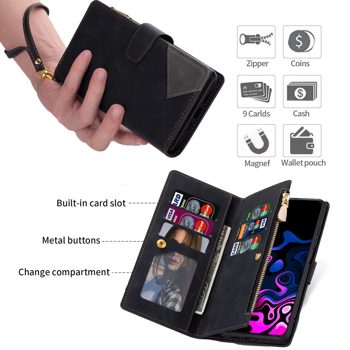 For Samsung Galaxy S24+ Case Zipper Pocket Color Splicing Wallet Phone Cover - Black