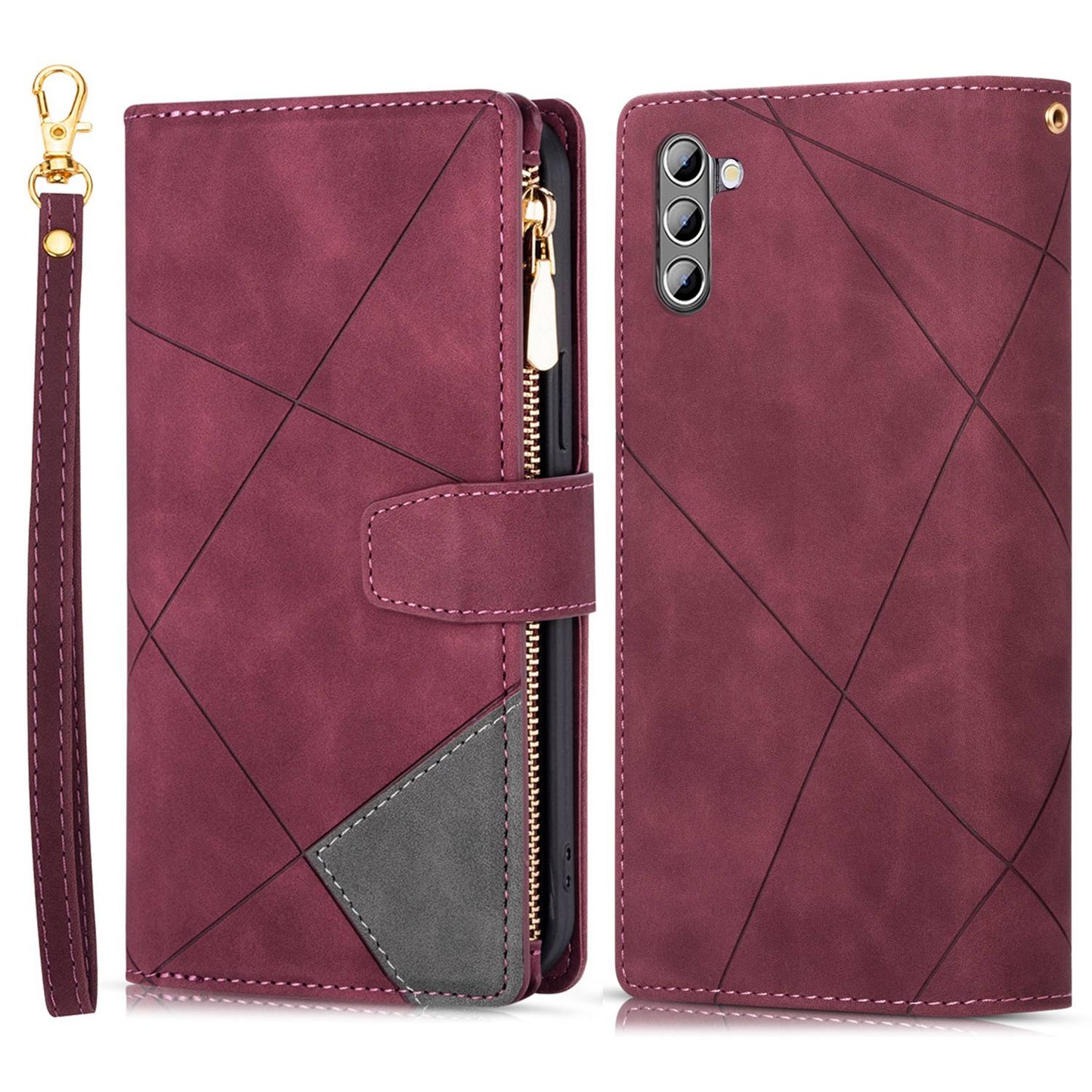For Samsung Galaxy S24+ Case Zipper Pocket Color Splicing Wallet Phone Cover - Red