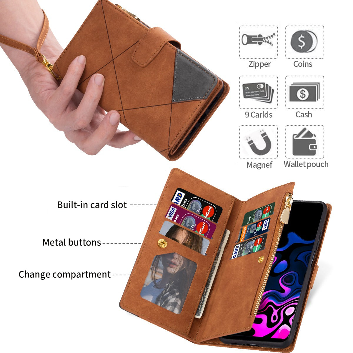 For Samsung Galaxy S24+ Case Zipper Pocket Color Splicing Wallet Phone Cover - Brown