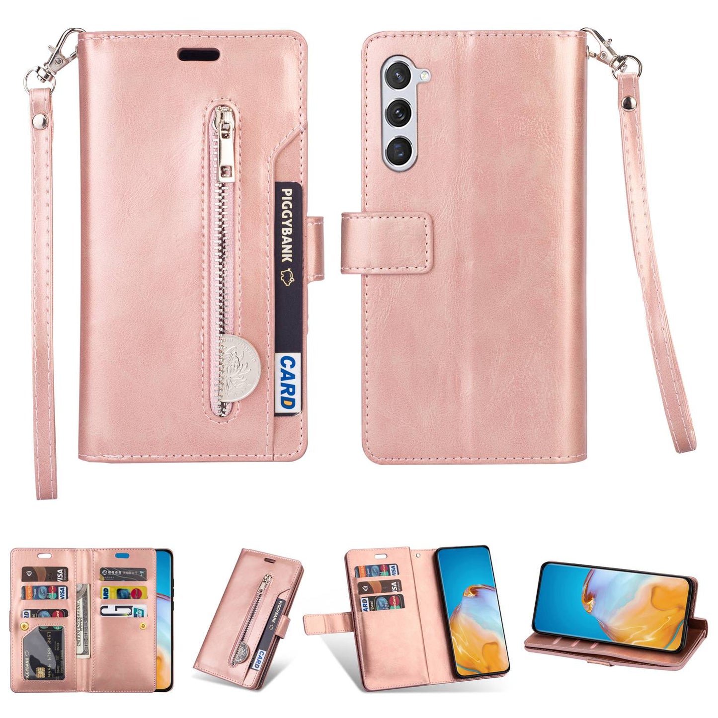 For Samsung Galaxy S24 Case Zipper Pocket Multifunctional Leather Phone Cover - Rose Gold