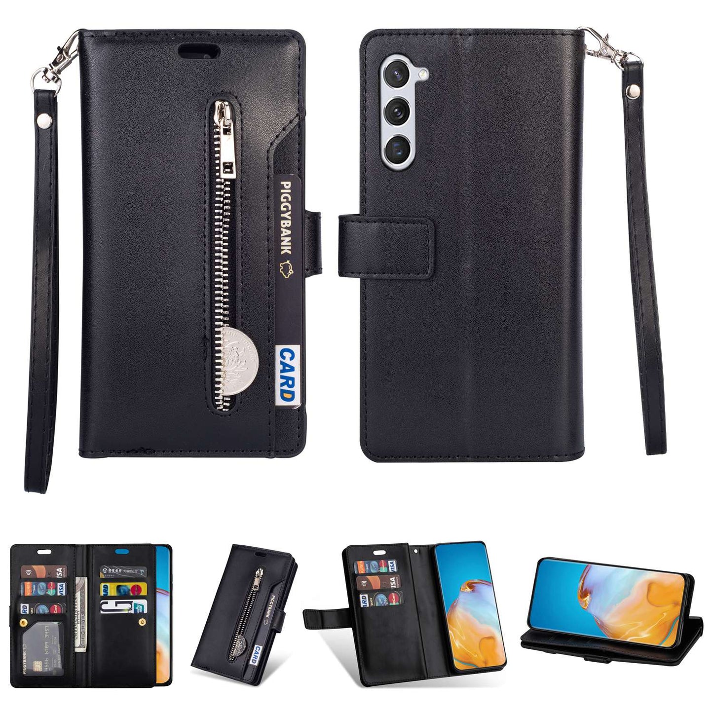 For Samsung Galaxy S24+ Case Leather Cover with Zipper Pocket Wallet - Black