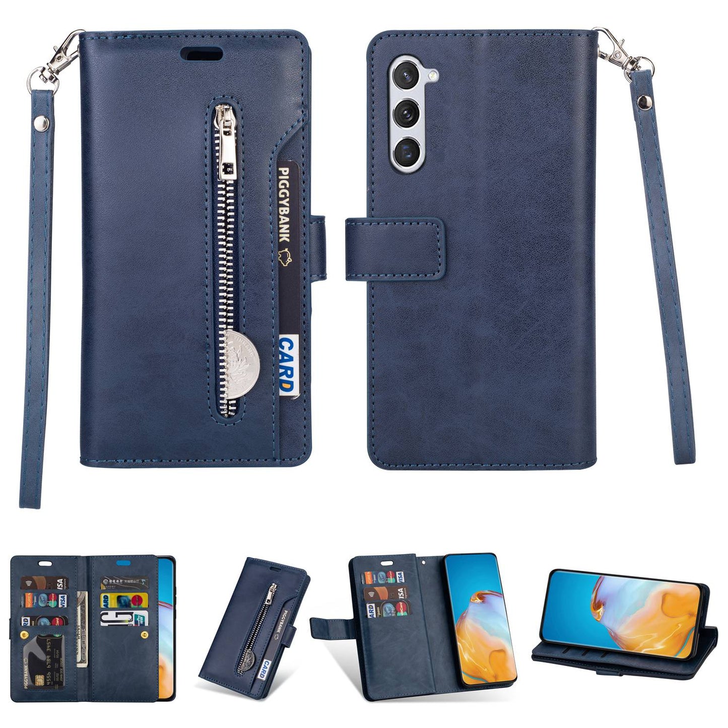 For Samsung Galaxy S24+ Case Leather Cover with Zipper Pocket Wallet - Blue