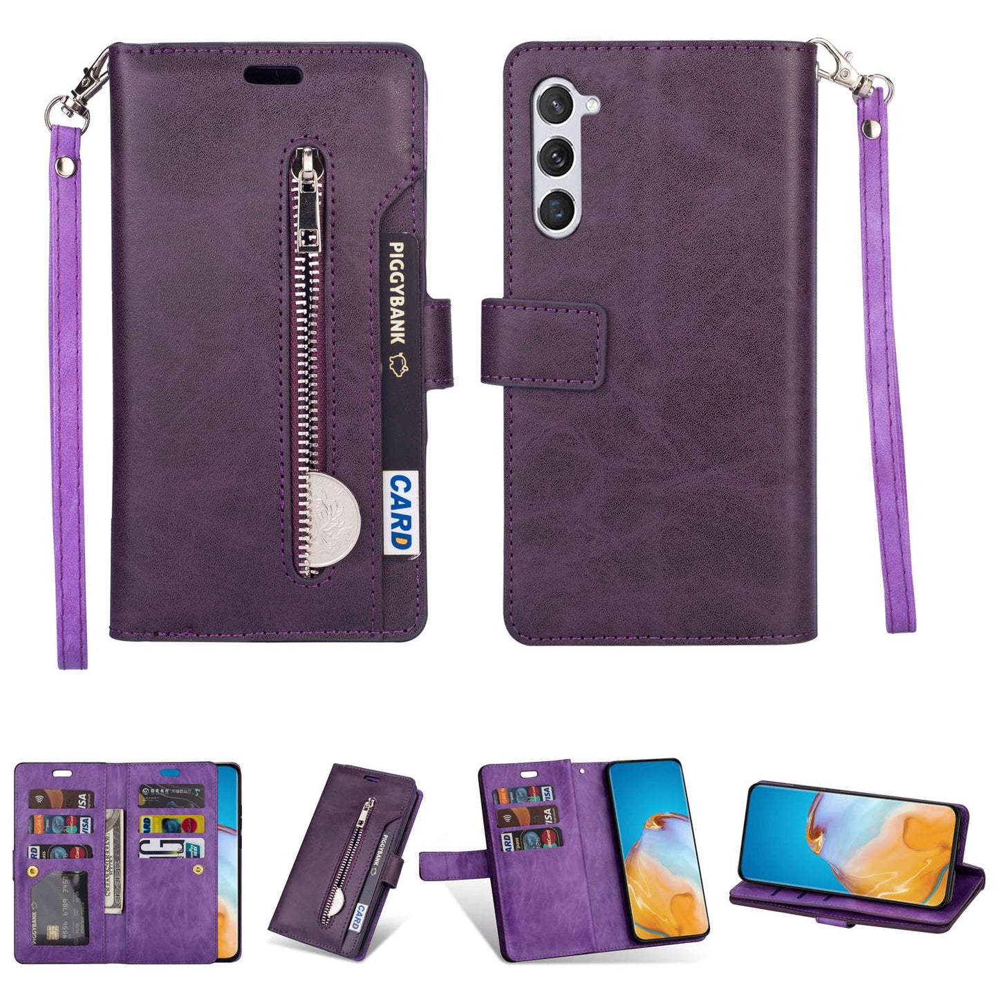 For Samsung Galaxy S24+ Case Leather Cover with Zipper Pocket Wallet - Purple