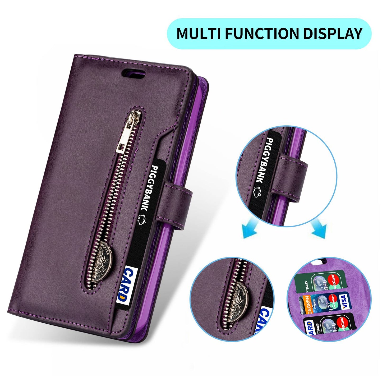 For Samsung Galaxy S24+ Case Leather Cover with Zipper Pocket Wallet - Purple