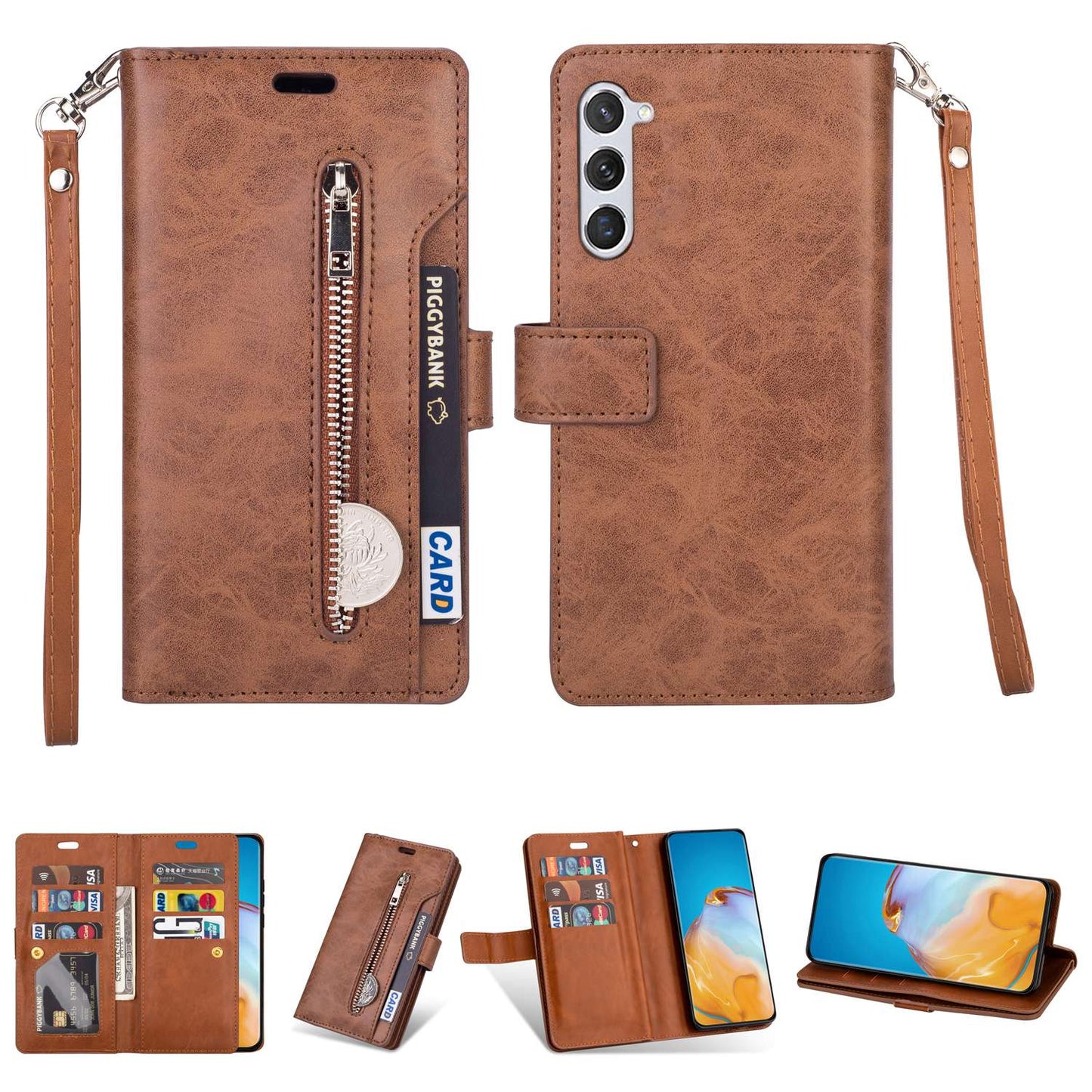 For Samsung Galaxy S24+ Case Leather Cover with Zipper Pocket Wallet - Brown