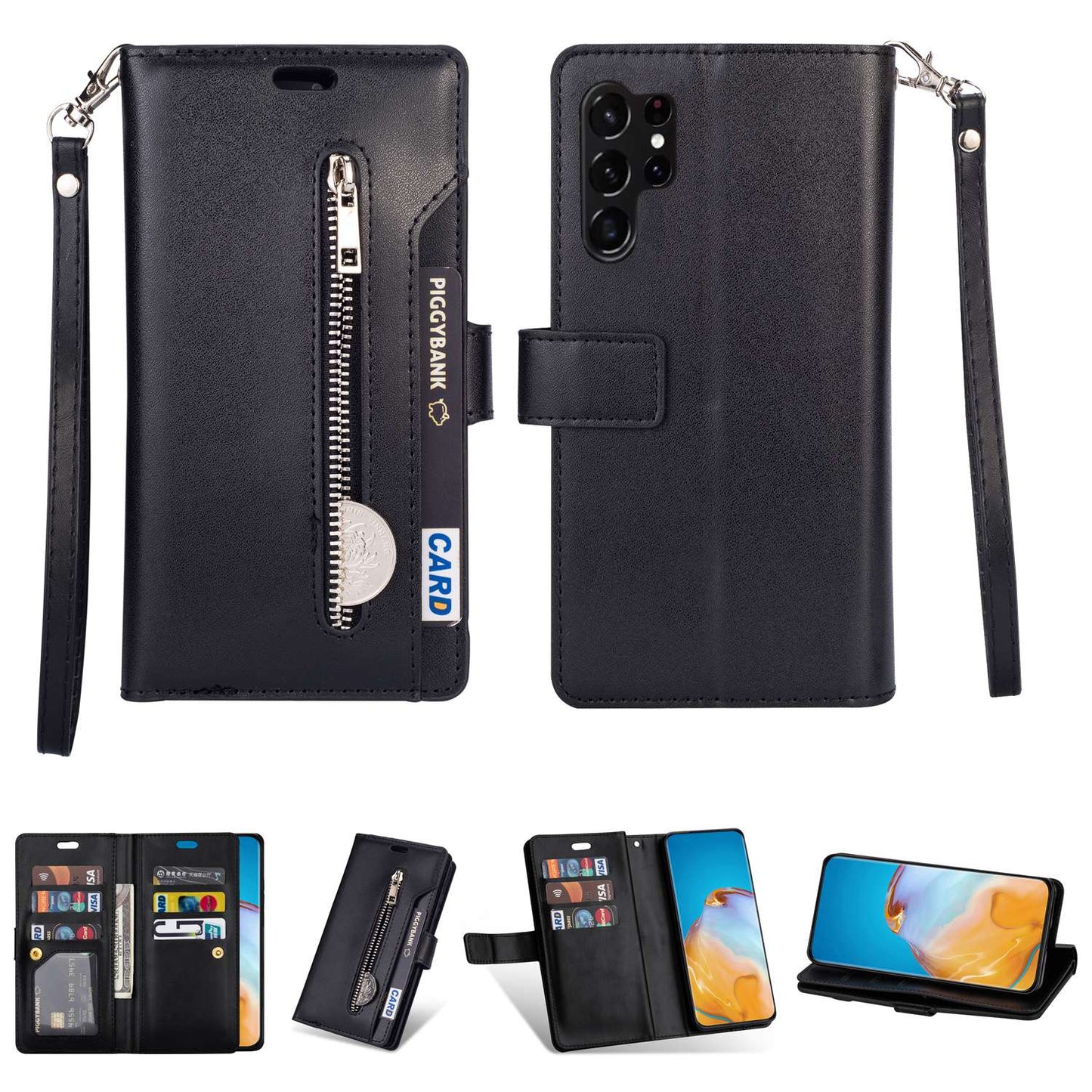 For Samsung Galaxy S24 Ultra Case Zipper Pocket Multiple Card Slots Phone Cover - Black