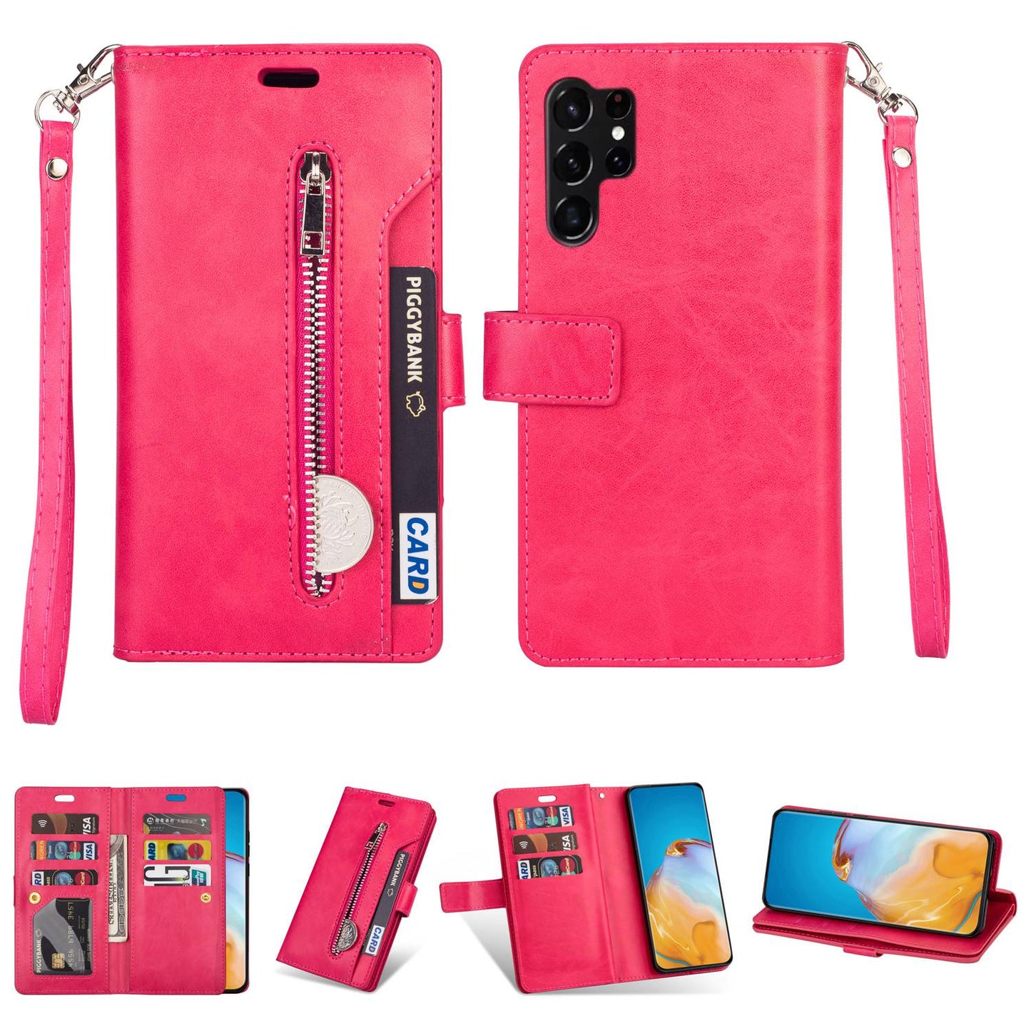For Samsung Galaxy S24 Ultra Case Zipper Pocket Multiple Card Slots Phone Cover - Rose