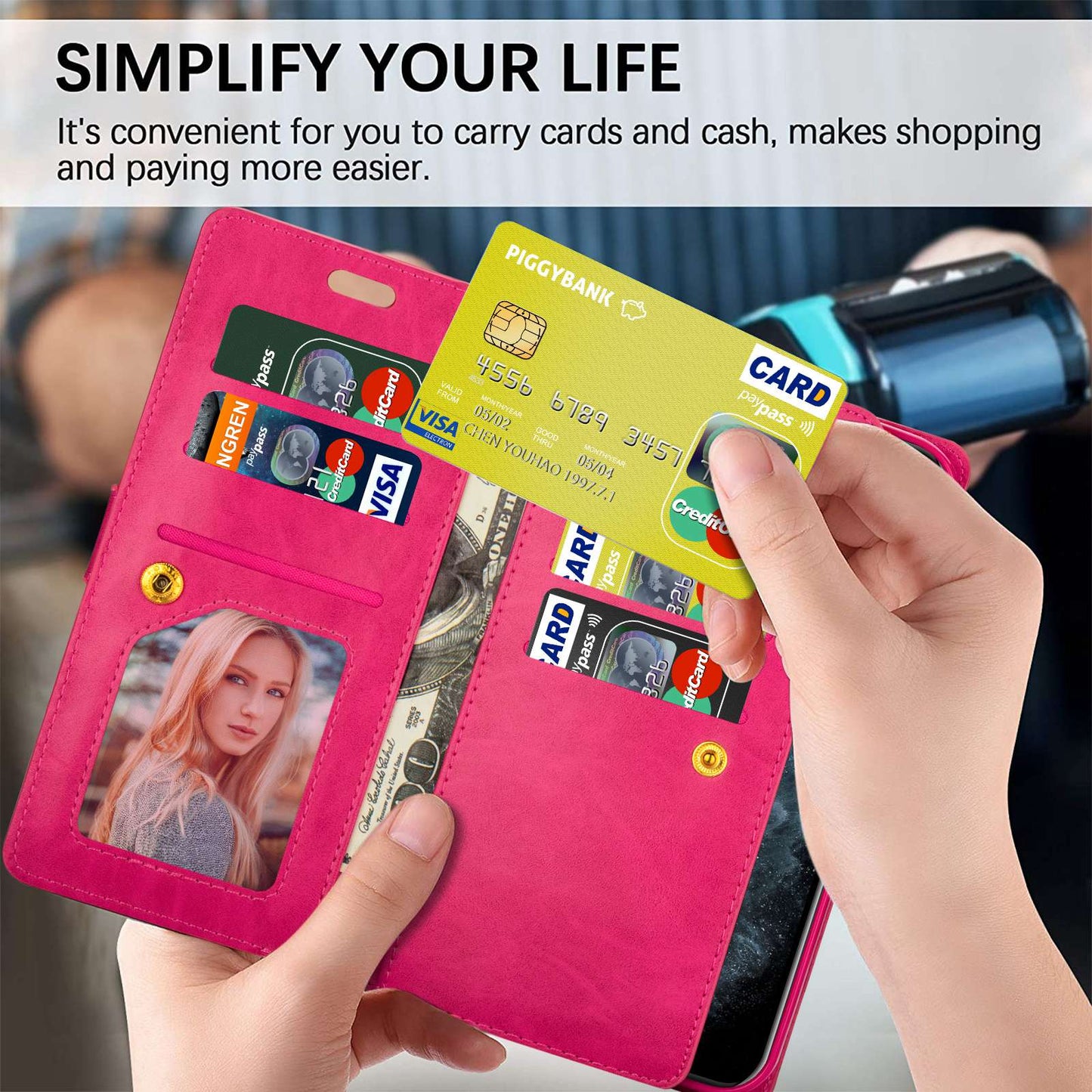 For Samsung Galaxy S24 Ultra Case Zipper Pocket Multiple Card Slots Phone Cover - Rose