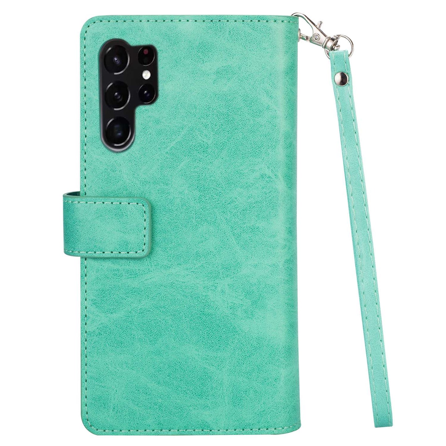 For Samsung Galaxy S24 Ultra Case Zipper Pocket Multiple Card Slots Phone Cover - Mint Green