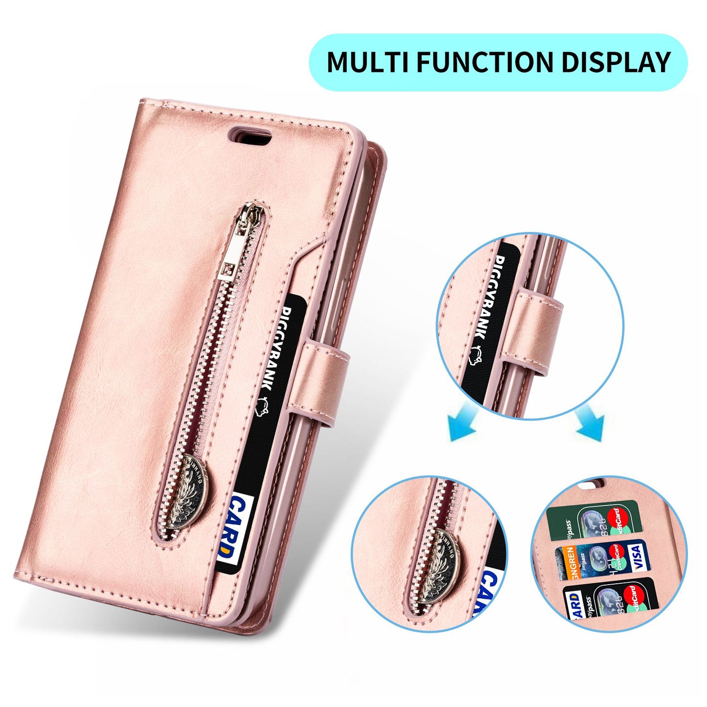 For Samsung Galaxy S24 Ultra Case Zipper Pocket Multiple Card Slots Phone Cover - Rose Gold