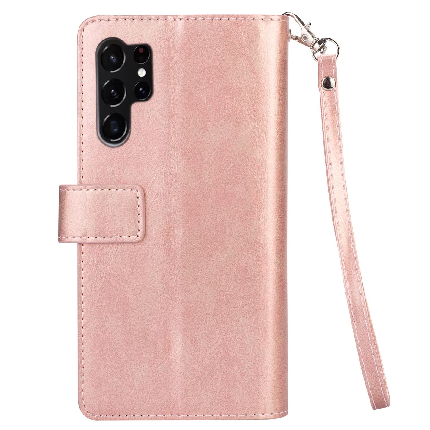 For Samsung Galaxy S24 Ultra Case Zipper Pocket Multiple Card Slots Phone Cover - Rose Gold