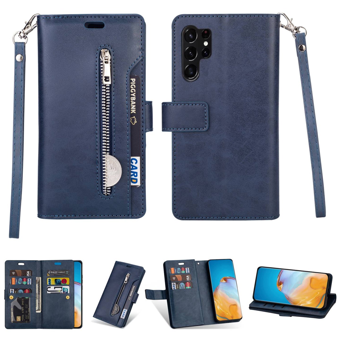 For Samsung Galaxy S24 Ultra Case Zipper Pocket Multiple Card Slots Phone Cover - Blue